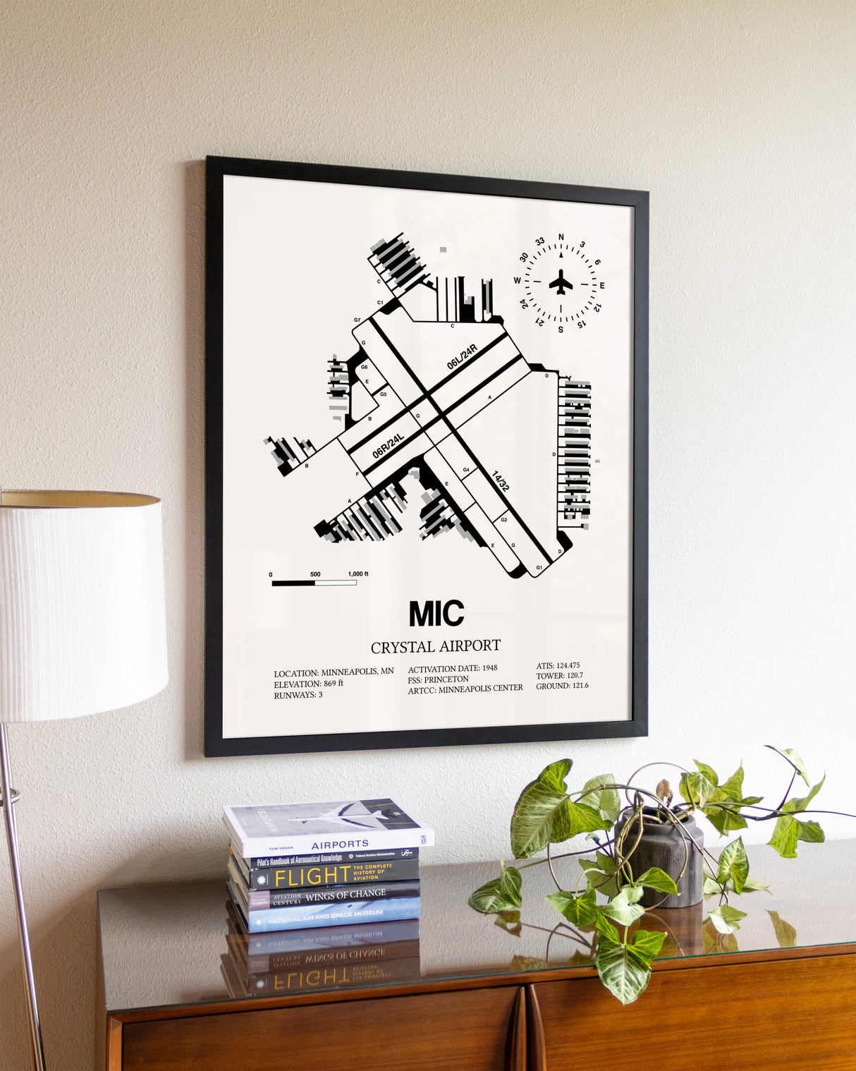 Crystal Airport aviation wall décor in black wood frame