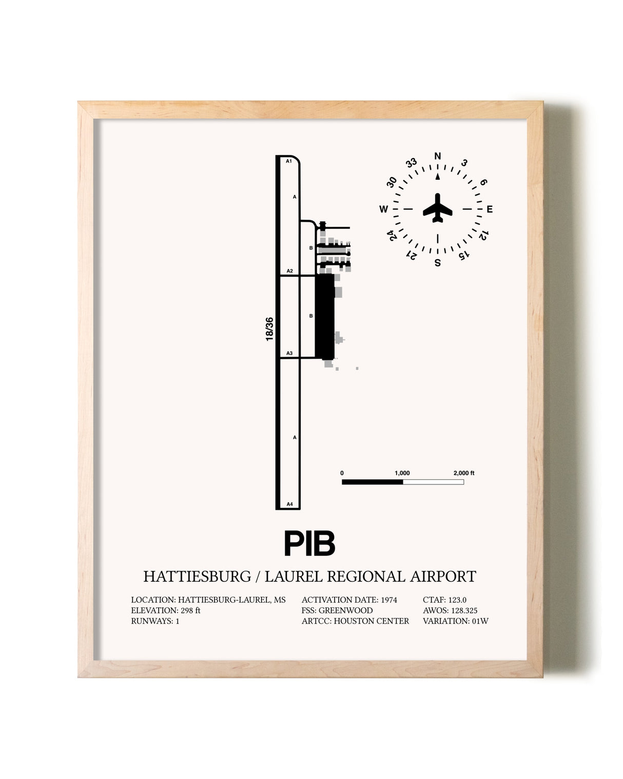Hattiesburg / Laurel Regional Airport framed wall art in white frame