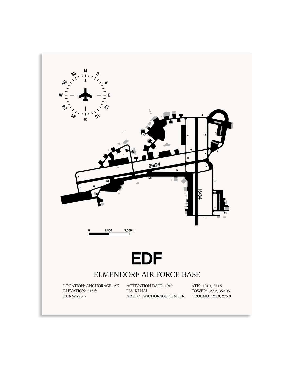 Gray Elmendorf Air Force Base framed poster displayed in an airplane hangar