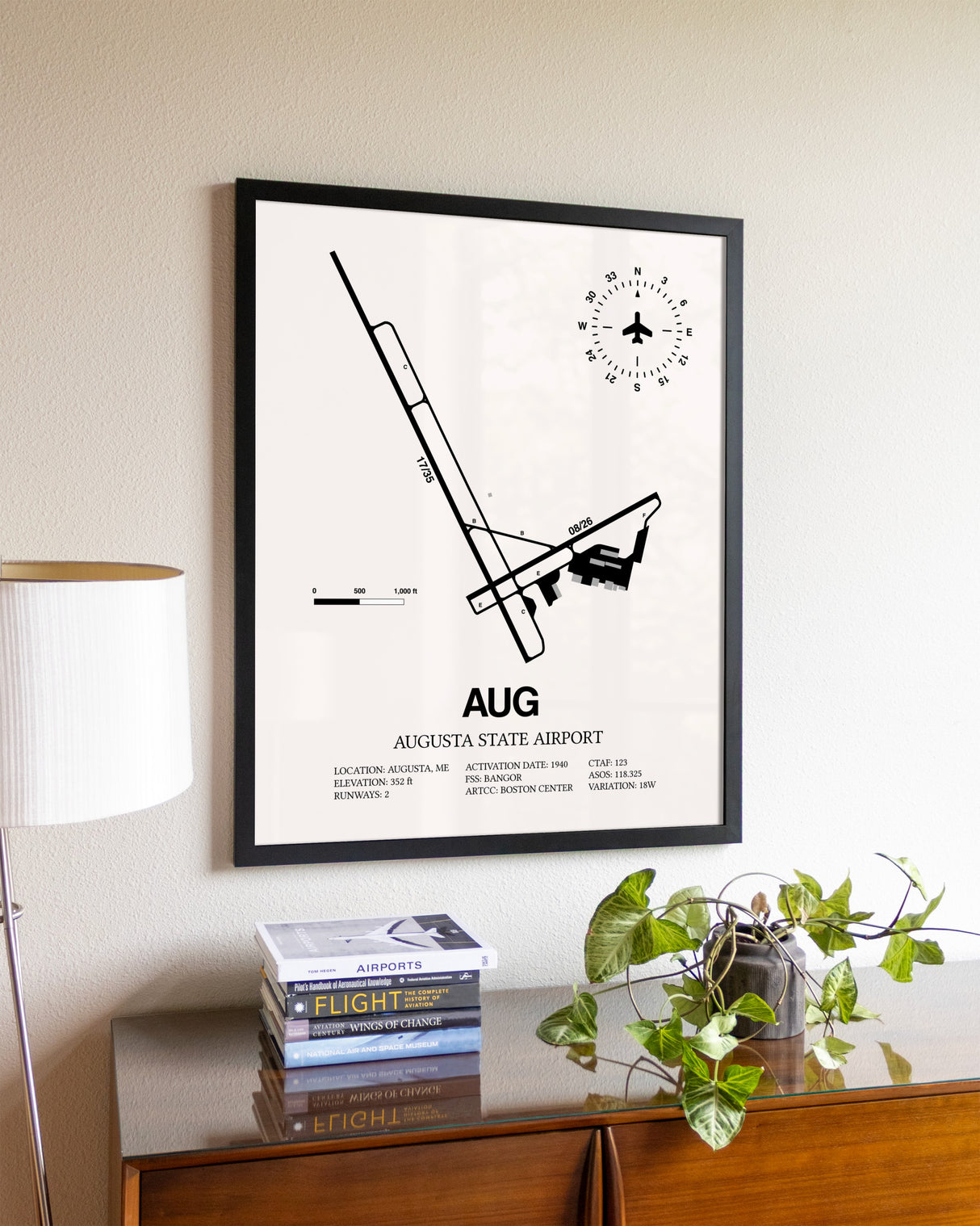 Augusta State Airport aviation wall décor in black wood frame