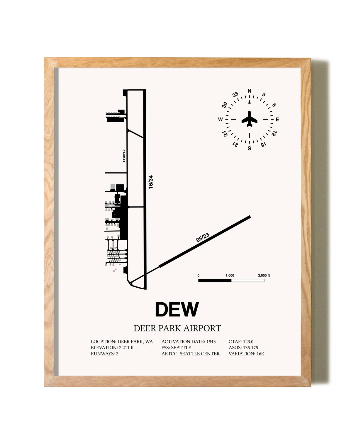 Deer Park Airport framed print in natural wood frame