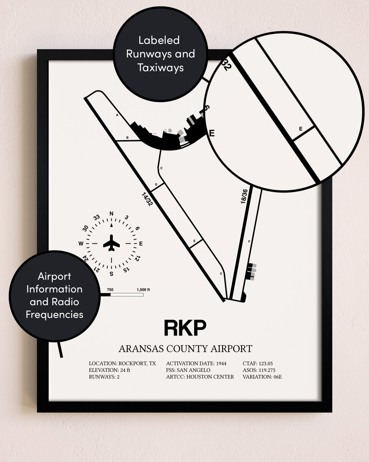 Framed Aransas County Airport layout wall art poster