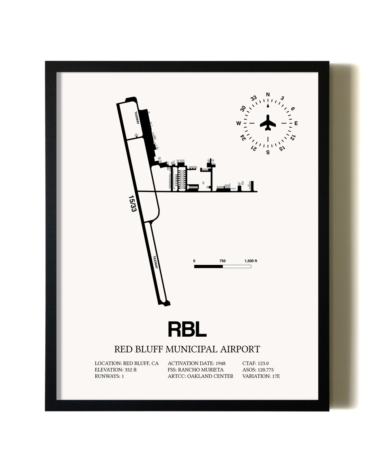 Framed Red Bluff Municipal Airport wall art poster in black frame