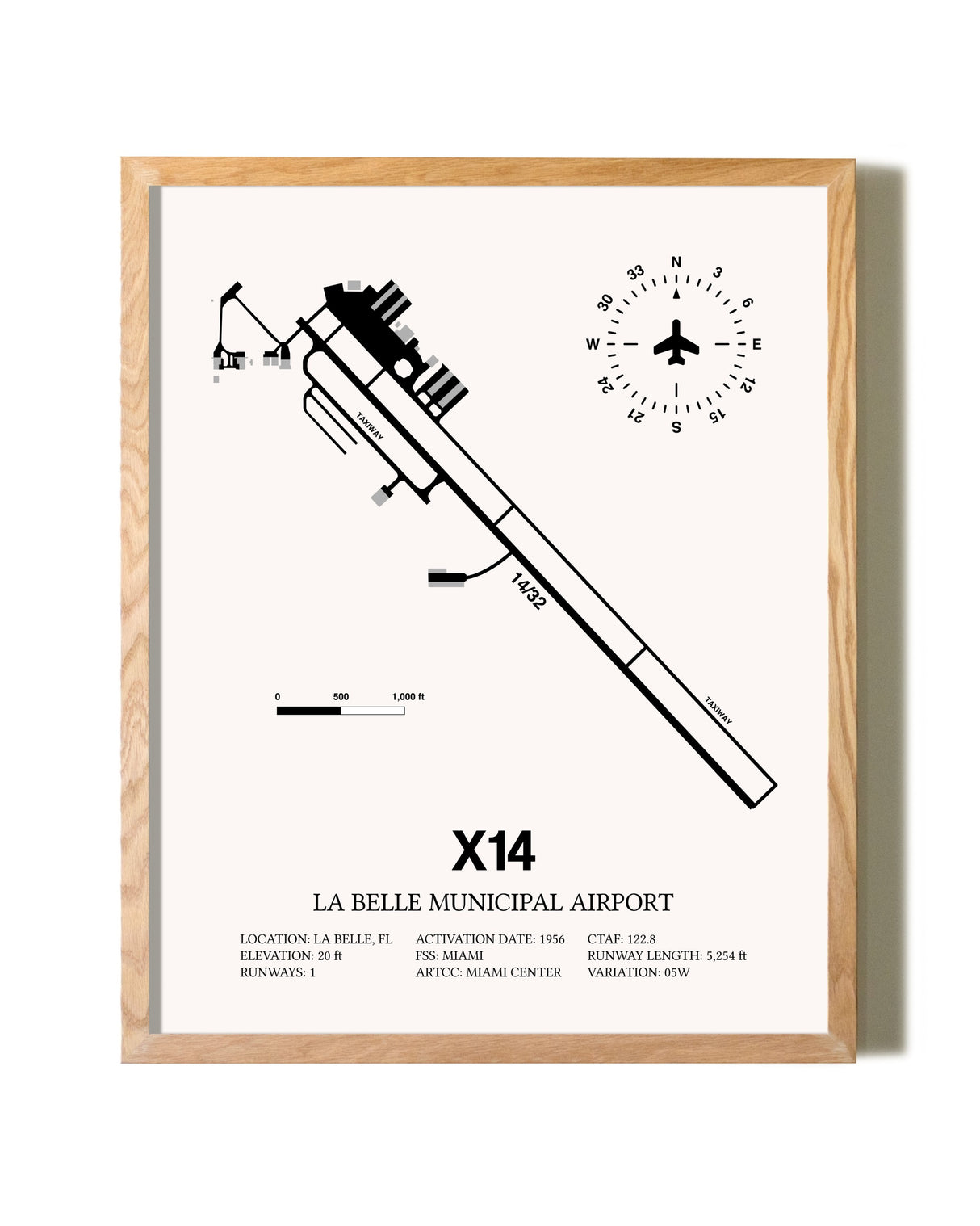 La Belle Municipal Airport framed print in natural wood frame