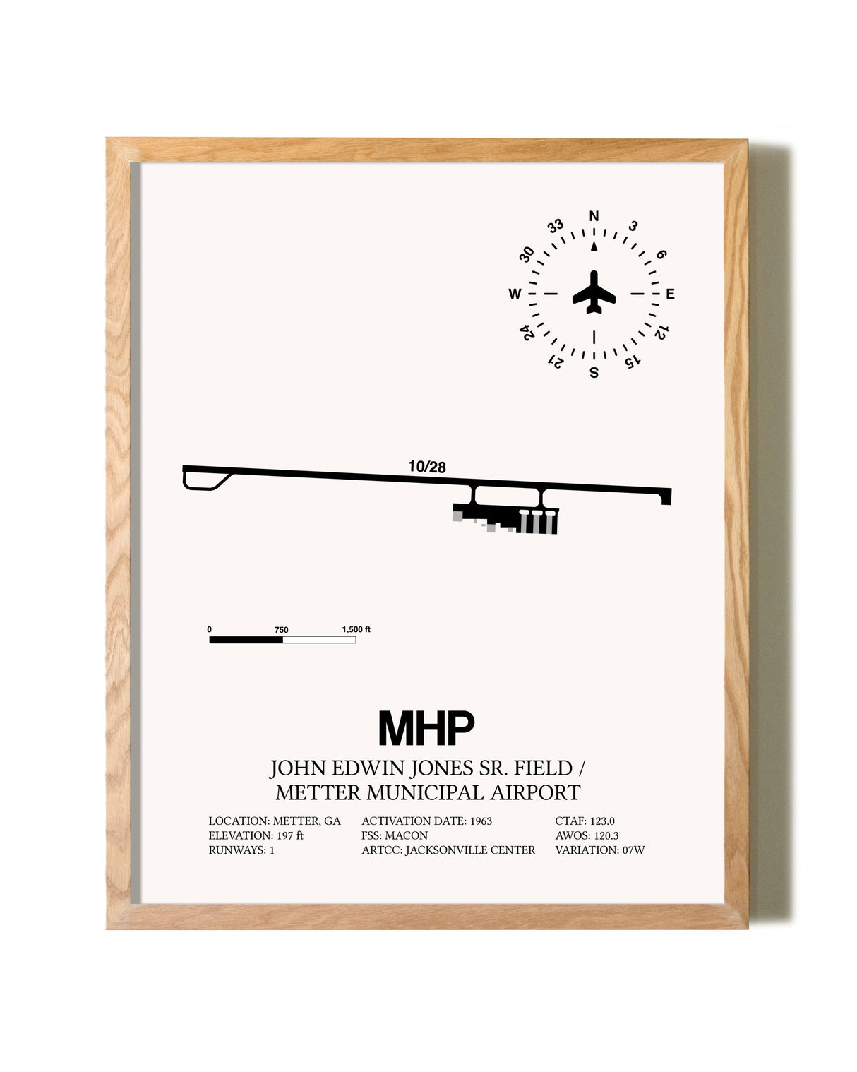 John Edwin Jones Sr Field / Metter Municipal Airport framed print in natural wood frame