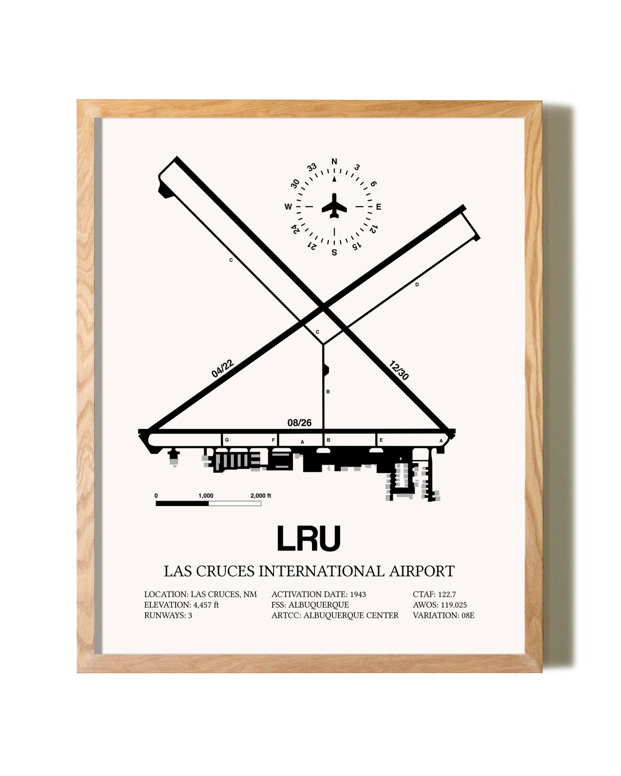 Las Cruces International Airport framed print in natural wood frame