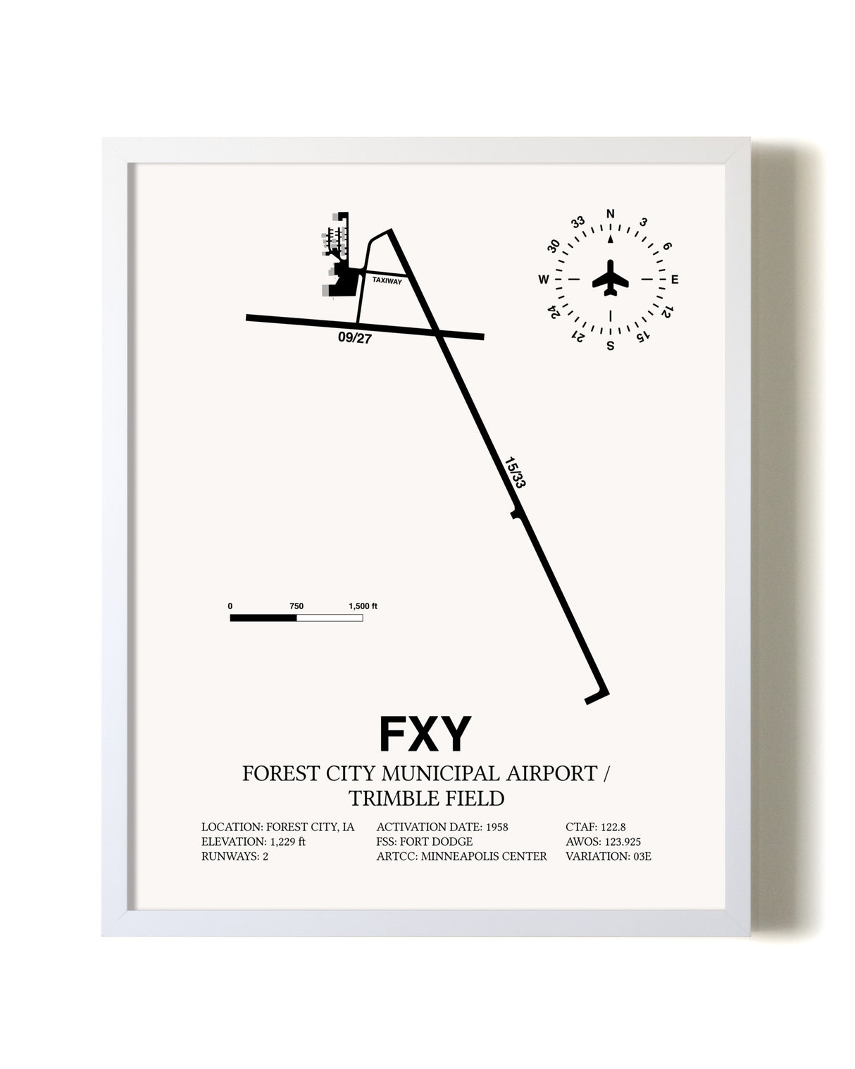 Forest City Municipal Airport / Trimble Field airport map poster in oak frame