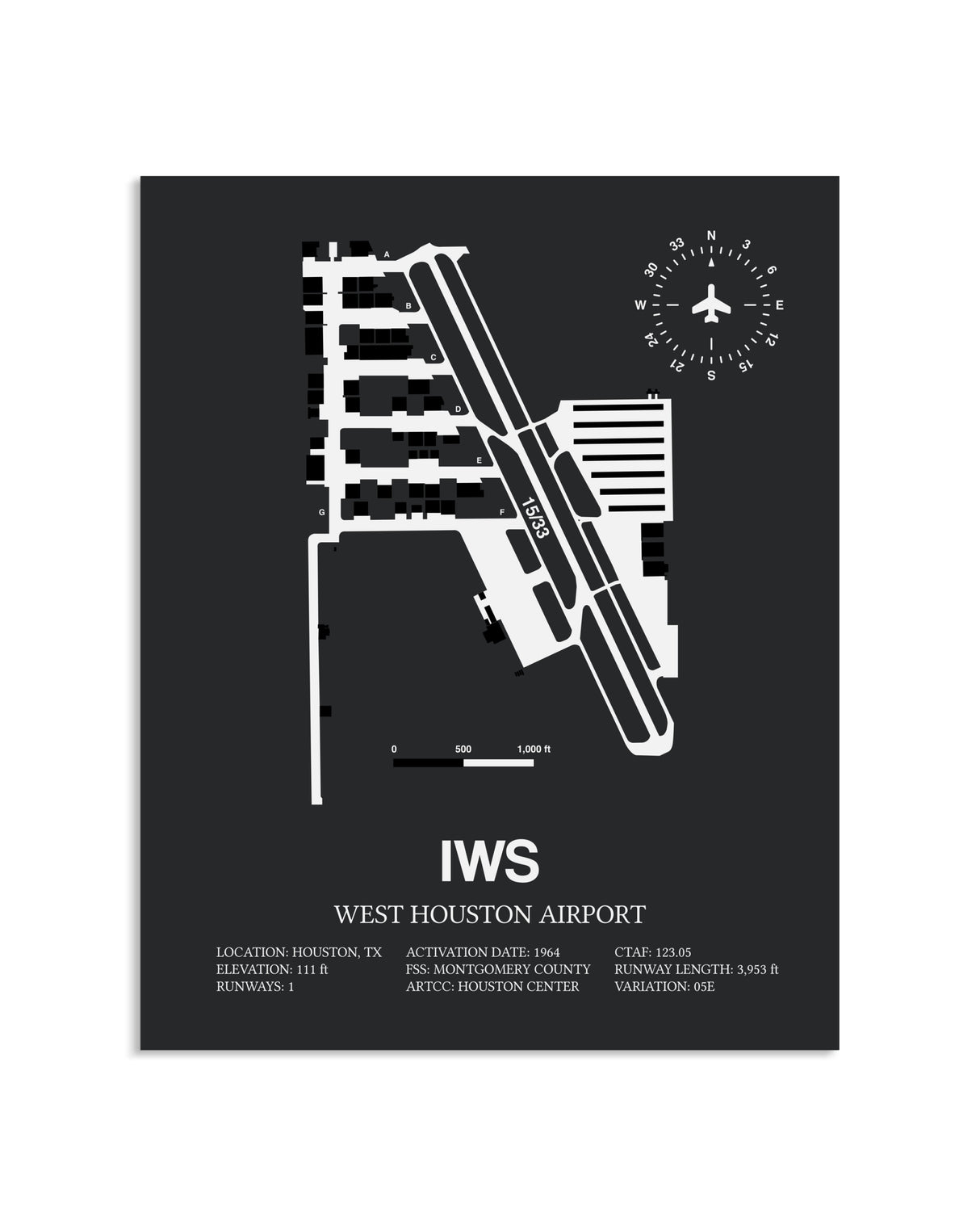 Gray Framed West Houston Airport layout wall art poster