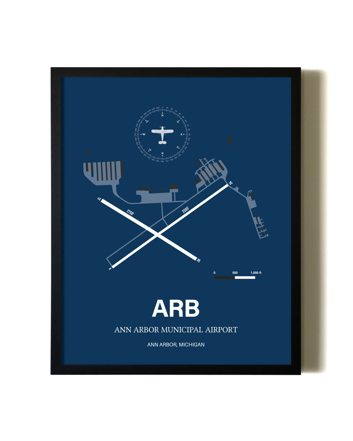 Aviation Blue Framed Ann Arbor Municipal Airport layout wall art poster