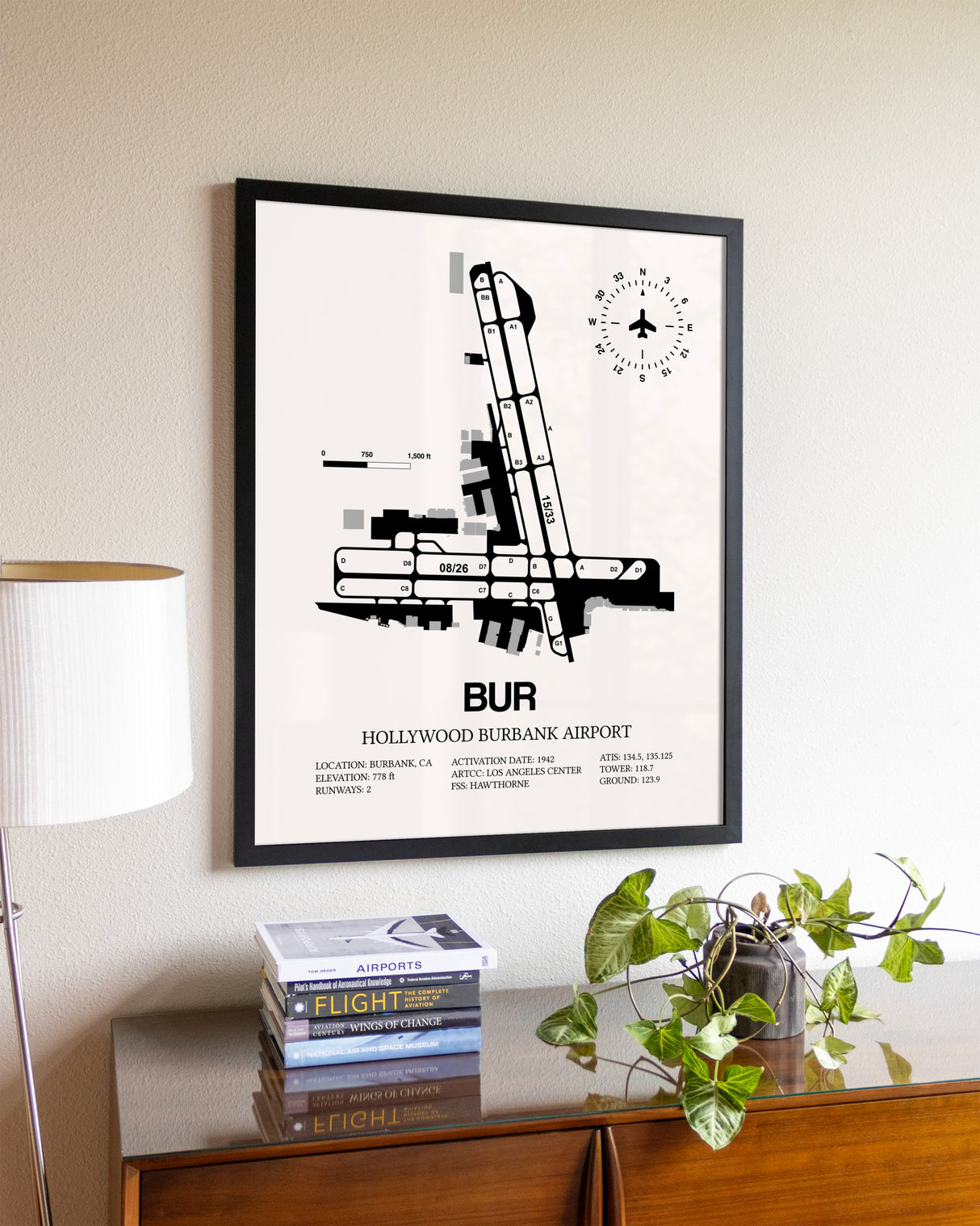 Hollywood Burbank Airport aviation wall décor in black wood frame