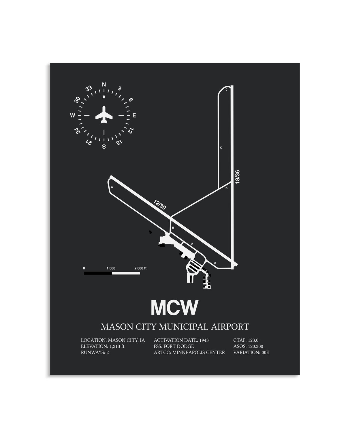 Gray Framed Mason City Municipal Airport layout wall art poster