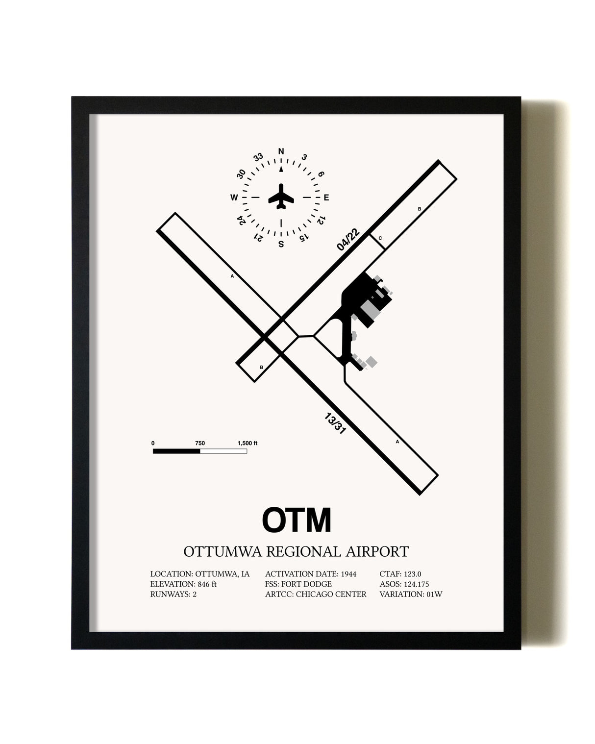 Framed Ottumwa Regional Airport wall art poster in black frame