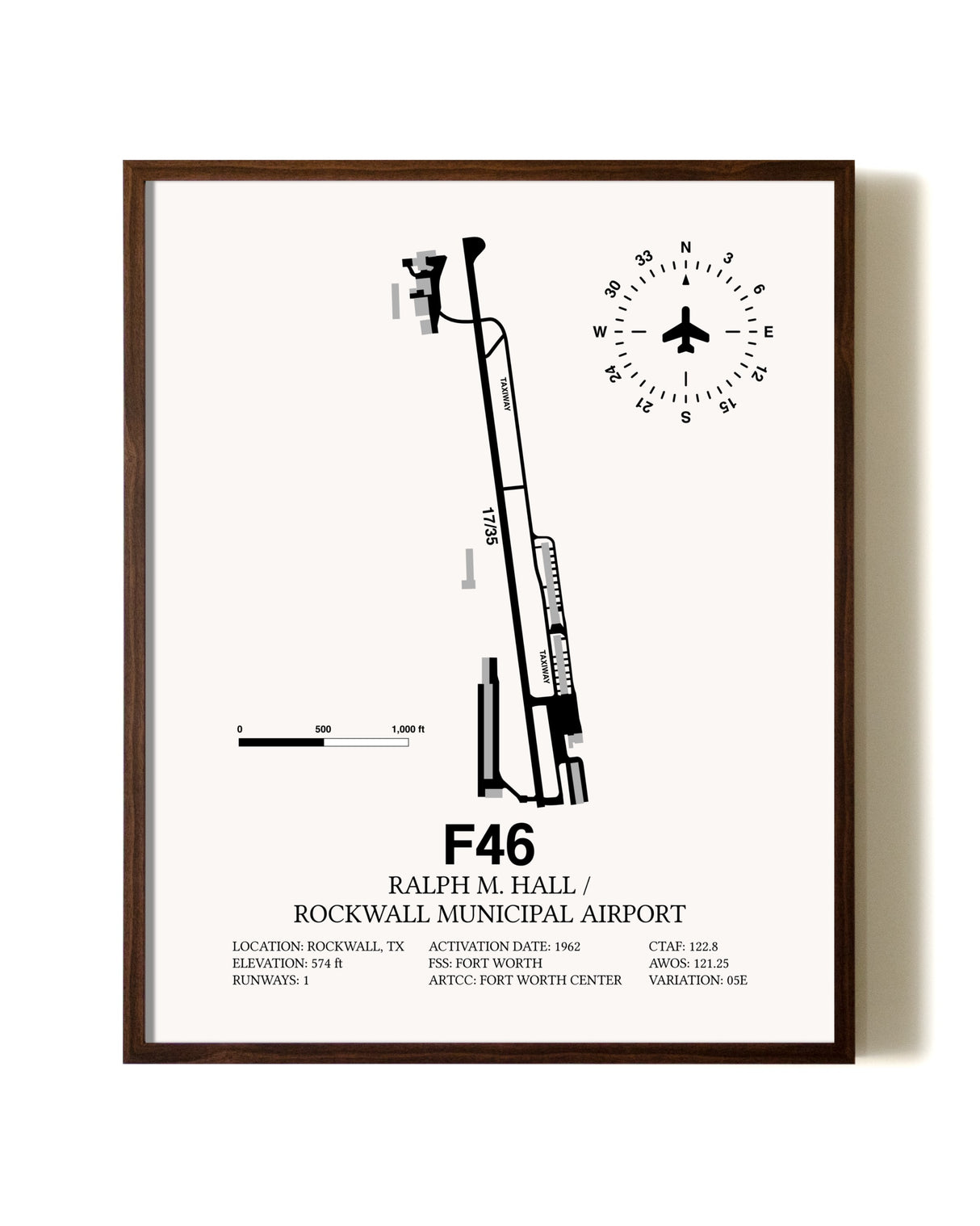 Ralph M. Hall / Rockwall Municipal Airport aviation print in walnut frame