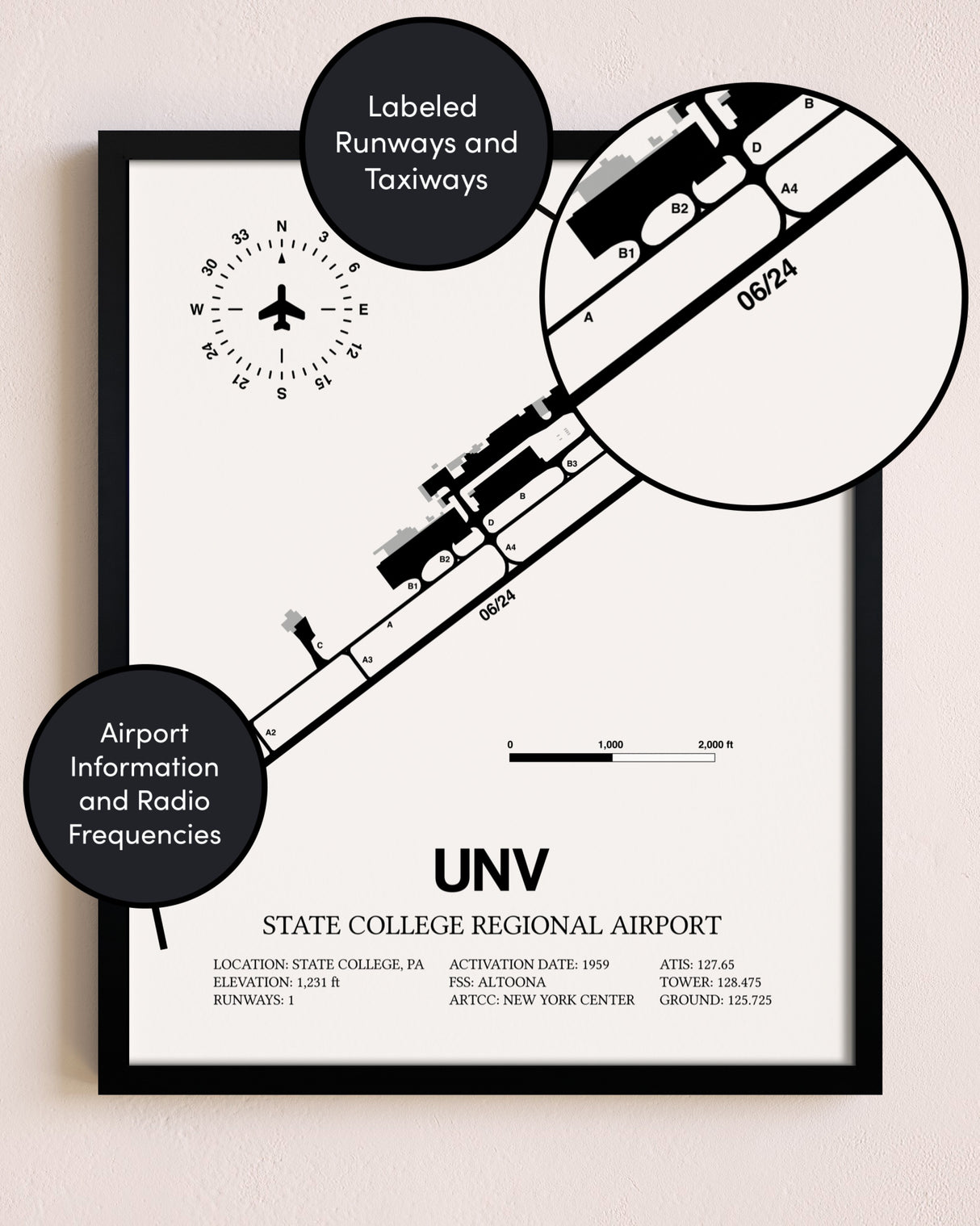 Framed State College Regional Airport layout wall art poster