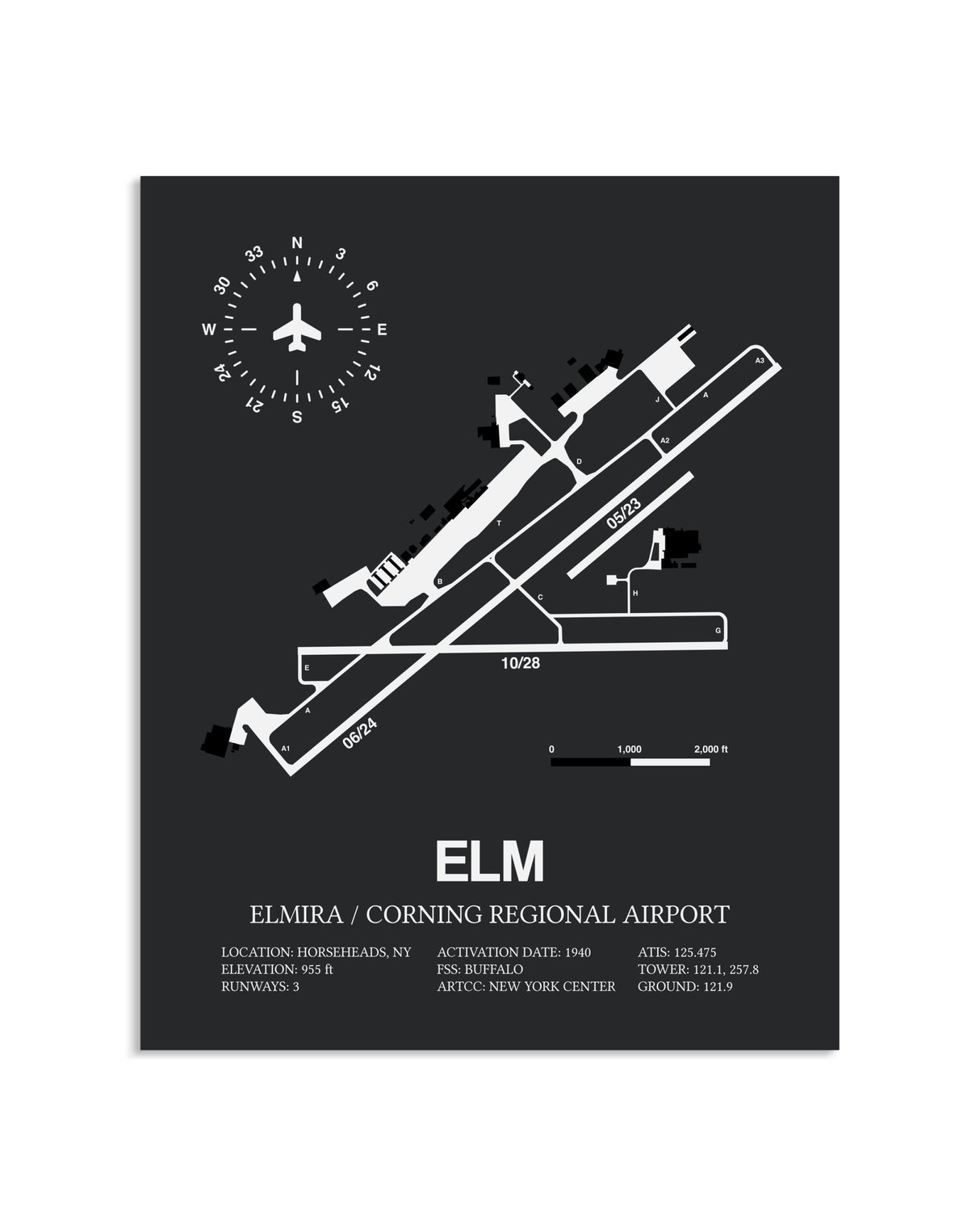 Gray Framed Elmira / Corning Regional Airport layout wall art poster