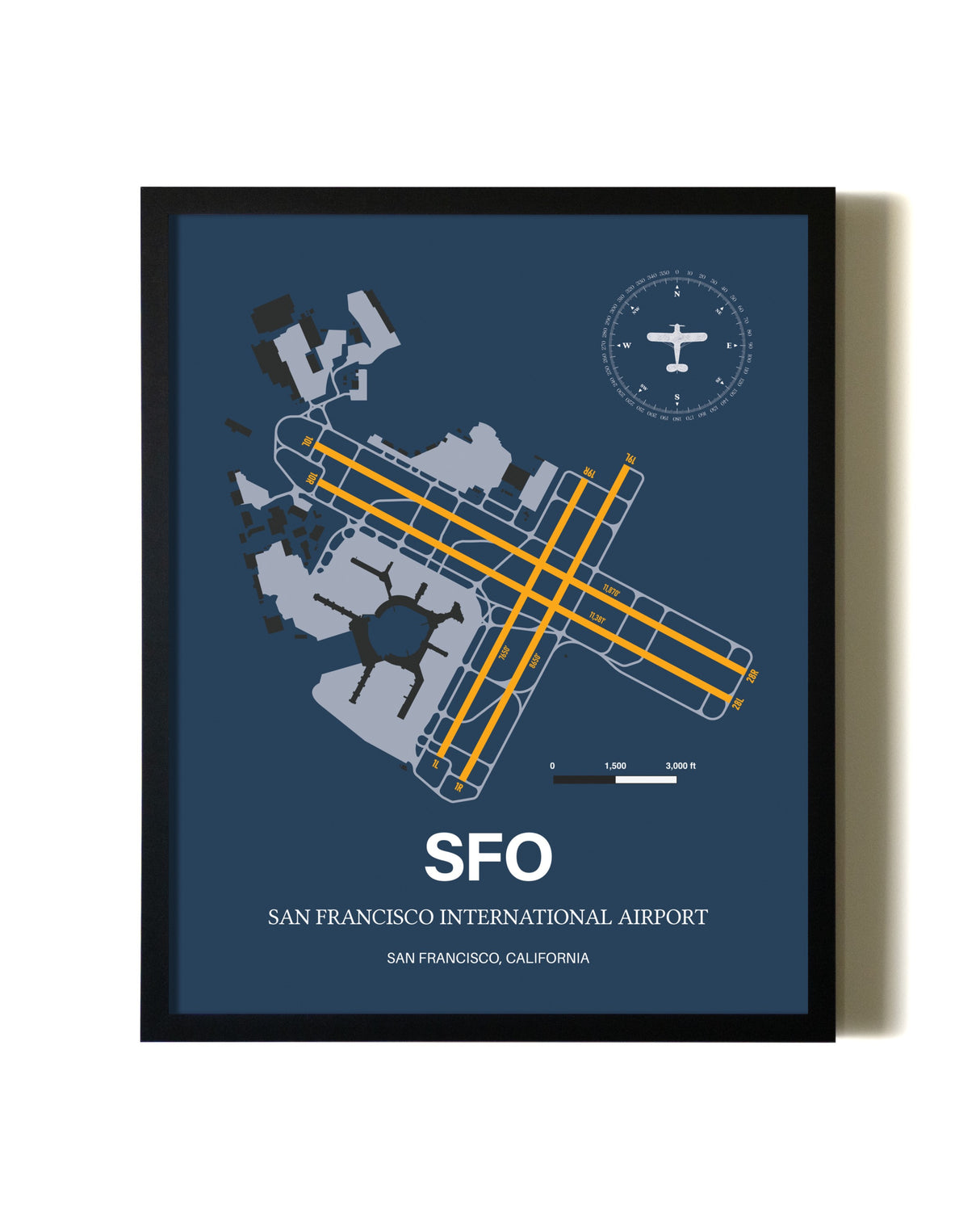 Blue and Yellow Framed San Francisco International Airport wall art poster in black frame