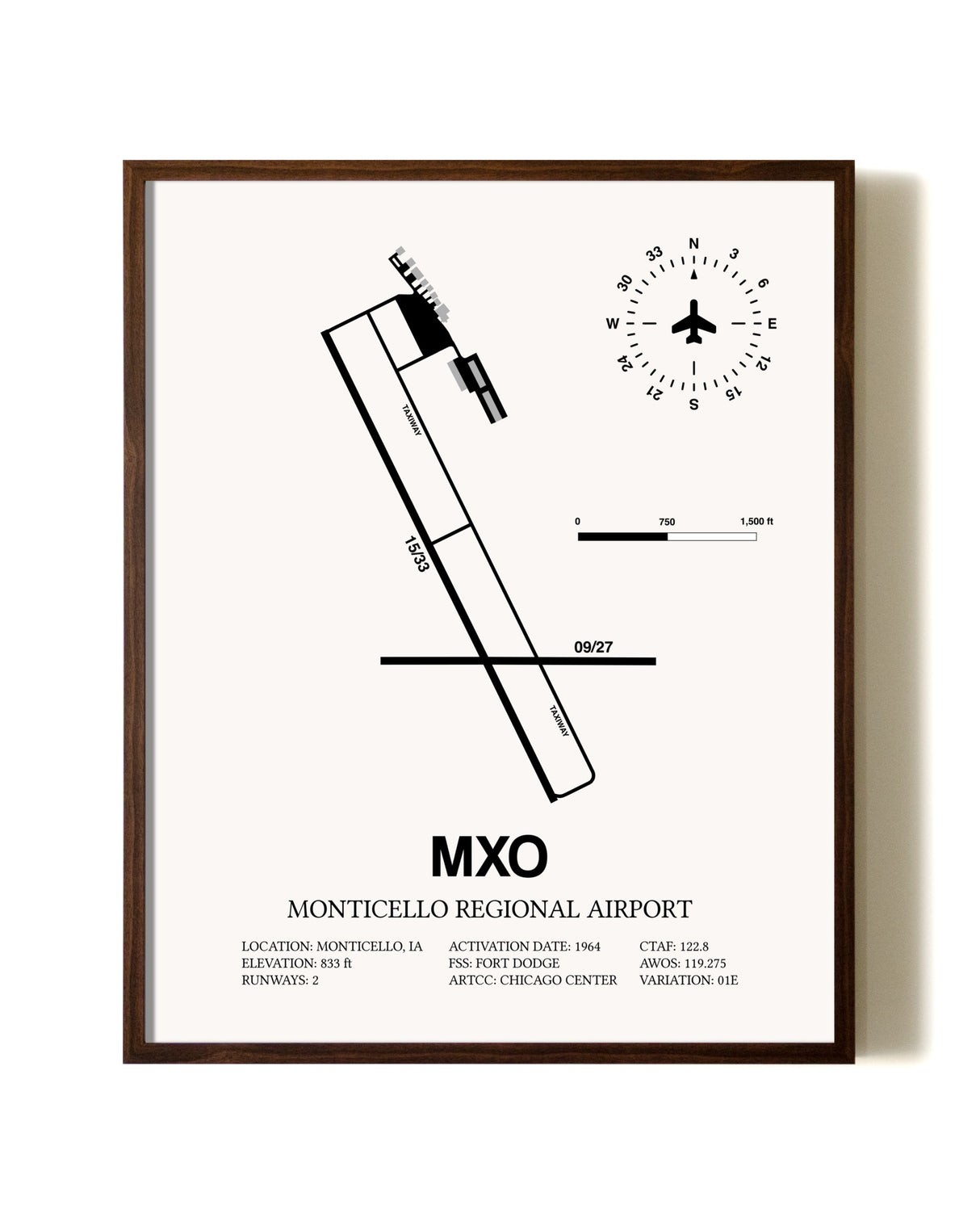 Monticello Regional Airport aviation print in walnut frame