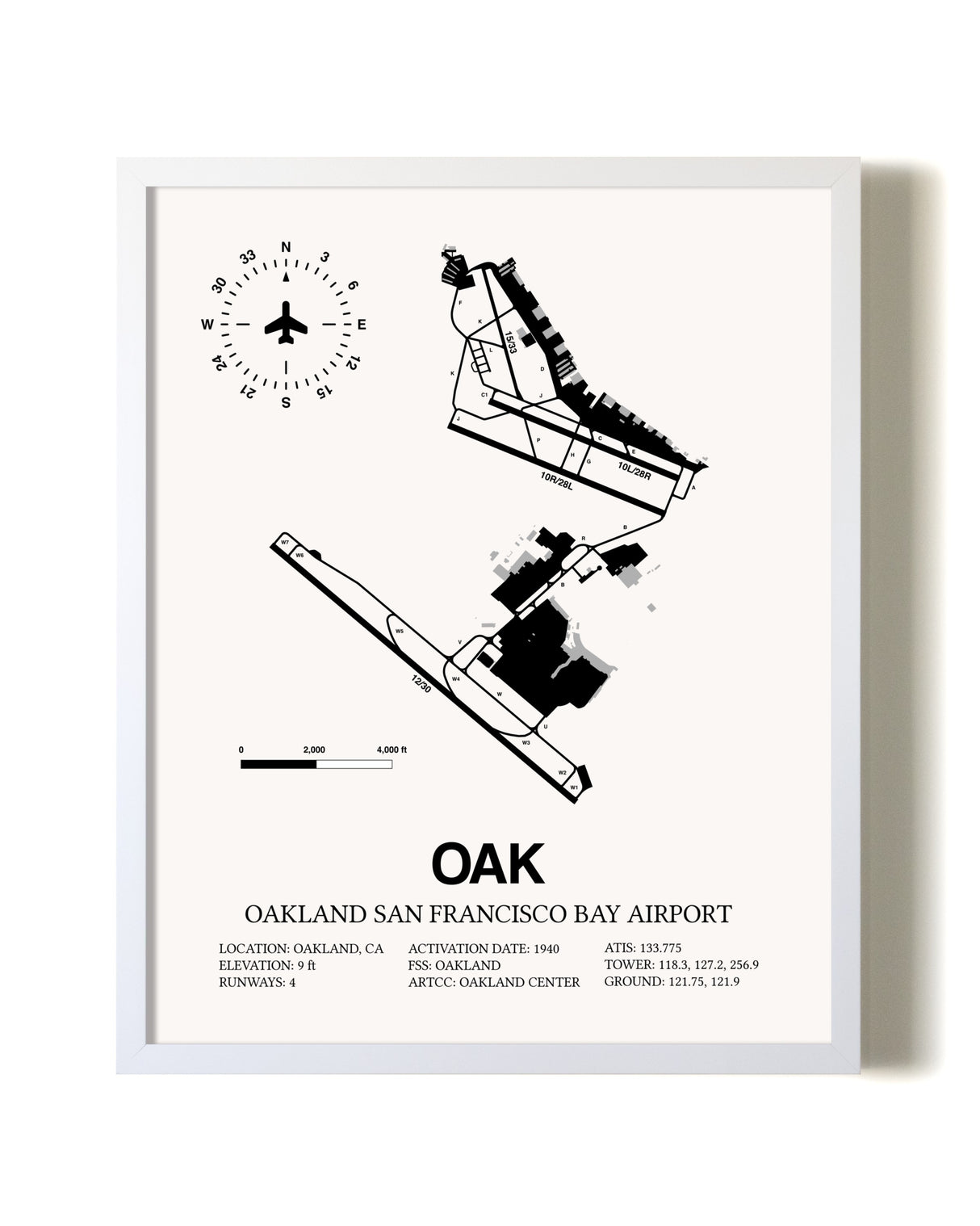 San Francisco Bay Oakland International Airport airport map poster in oak frame