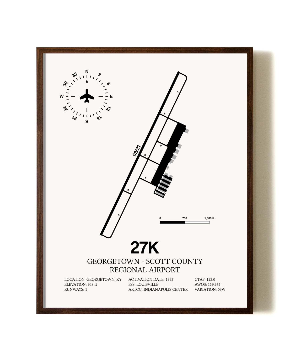 Georgetown - Scott County Regional Airport aviation print in walnut frame