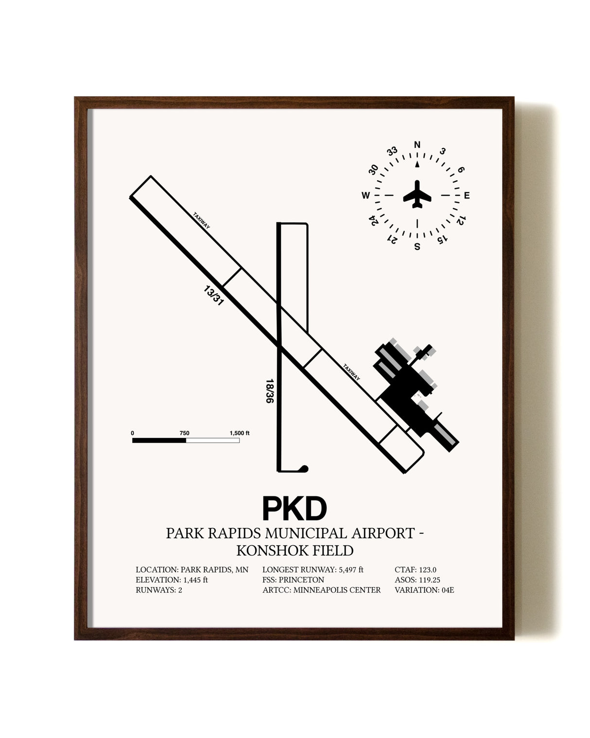 Park Rapids Municipal Airport-Konshok Field aviation print in walnut frame
