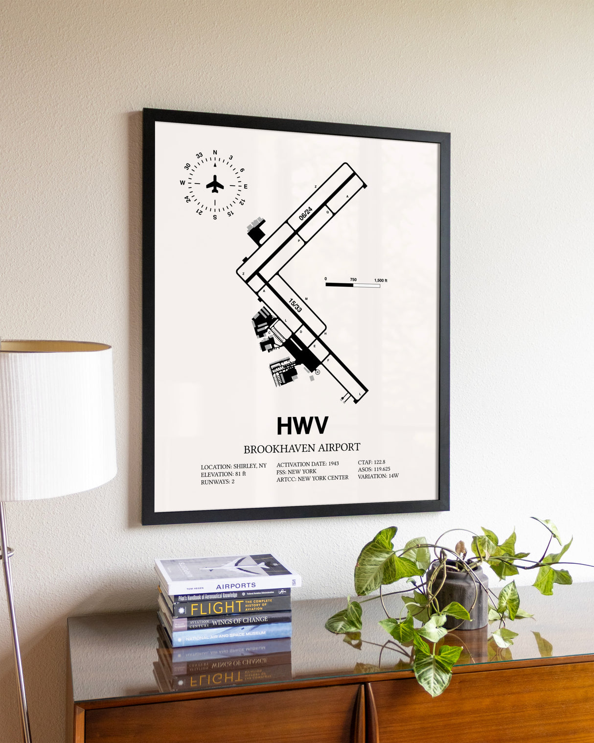 Brookhaven Airport aviation wall décor in black wood frame