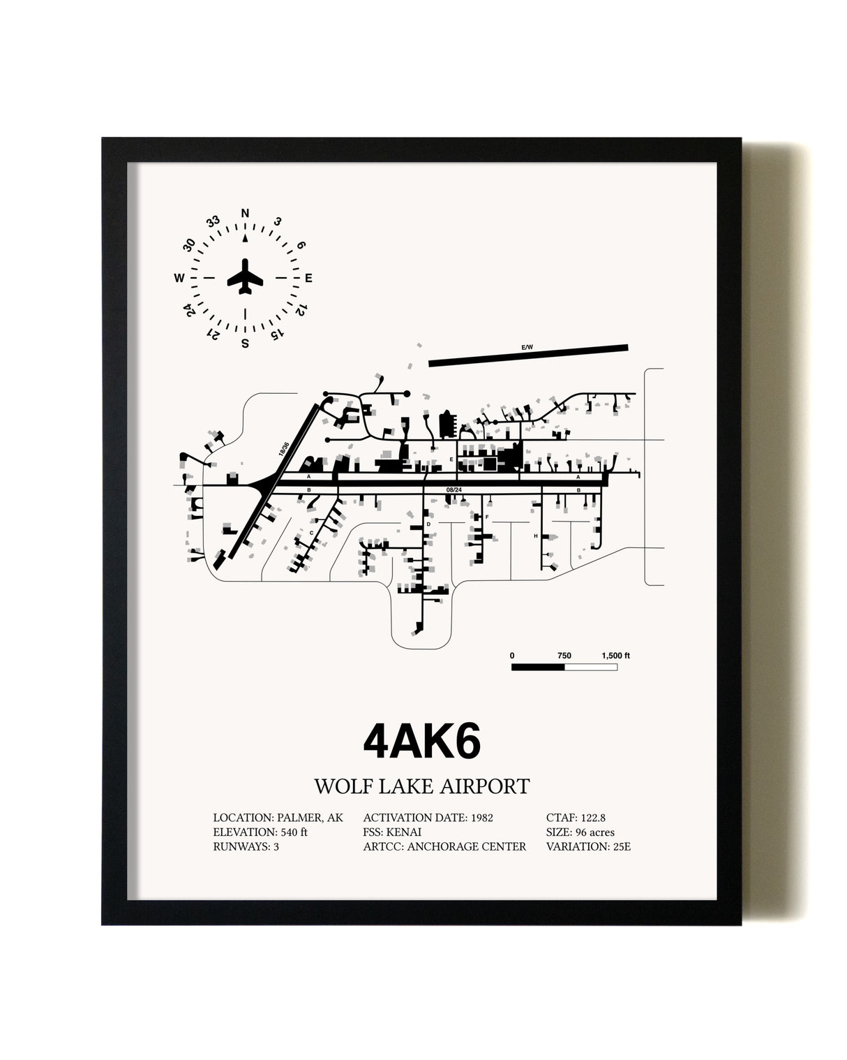 Framed Wolf Lake Airport wall art poster in black frame