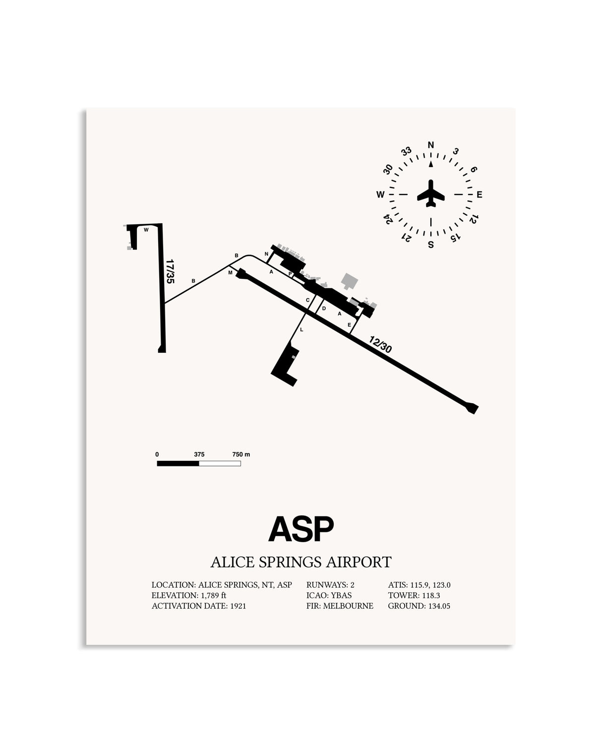 Gray Alice Springs Airport framed poster displayed in an airplane hangar