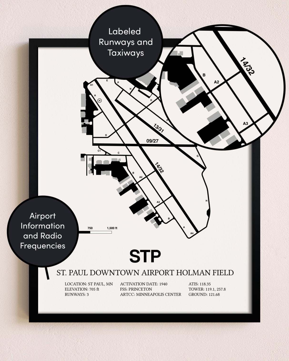Framed St. Paul Downtown Airport Holman Field layout wall art poster