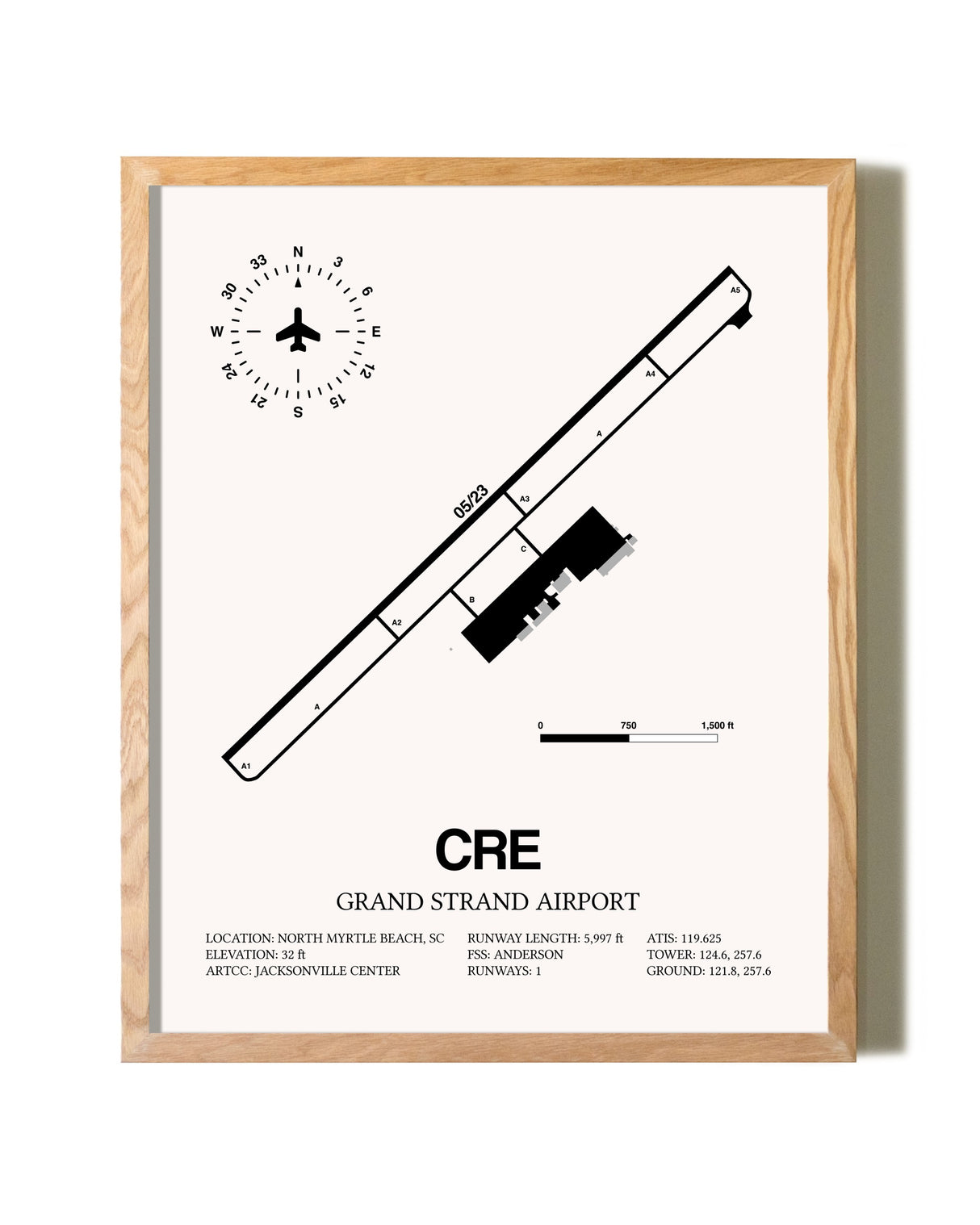 Grand Strand Airport framed print in natural wood frame