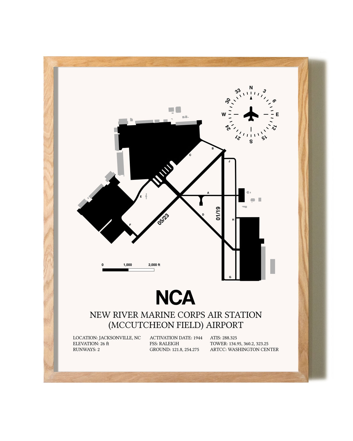 New River Marine Corps Air Station (McCutcheon Field) Airport framed print in natural wood frame
