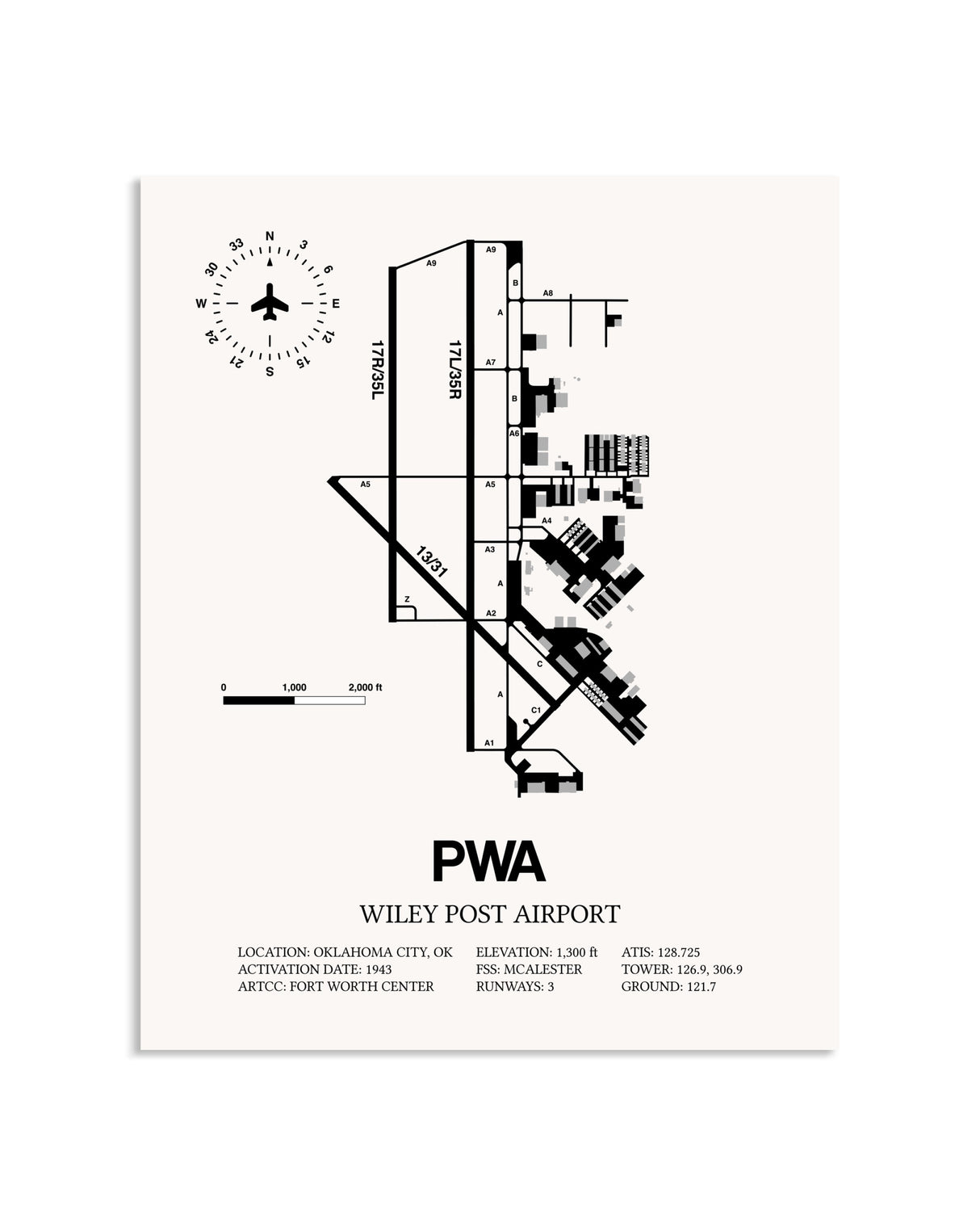 Gray Wiley Post Airport framed poster displayed in an airplane hangar