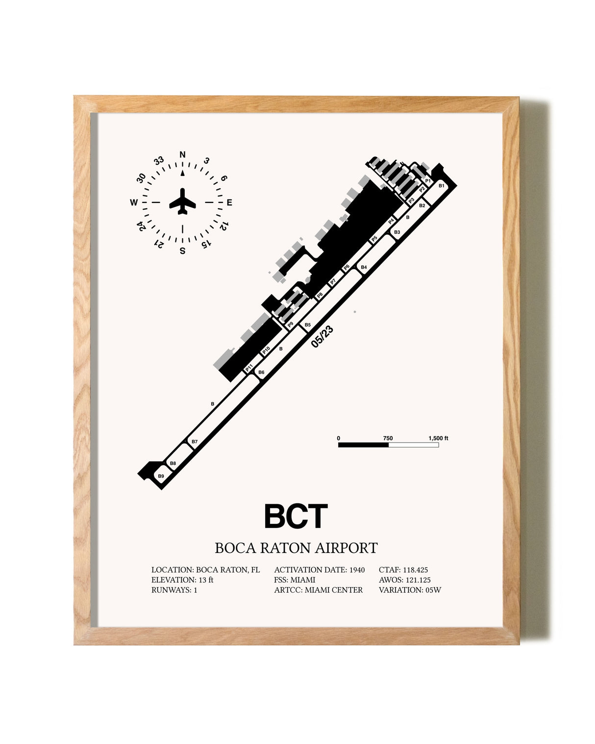 Boca Raton Airport framed print in natural wood frame