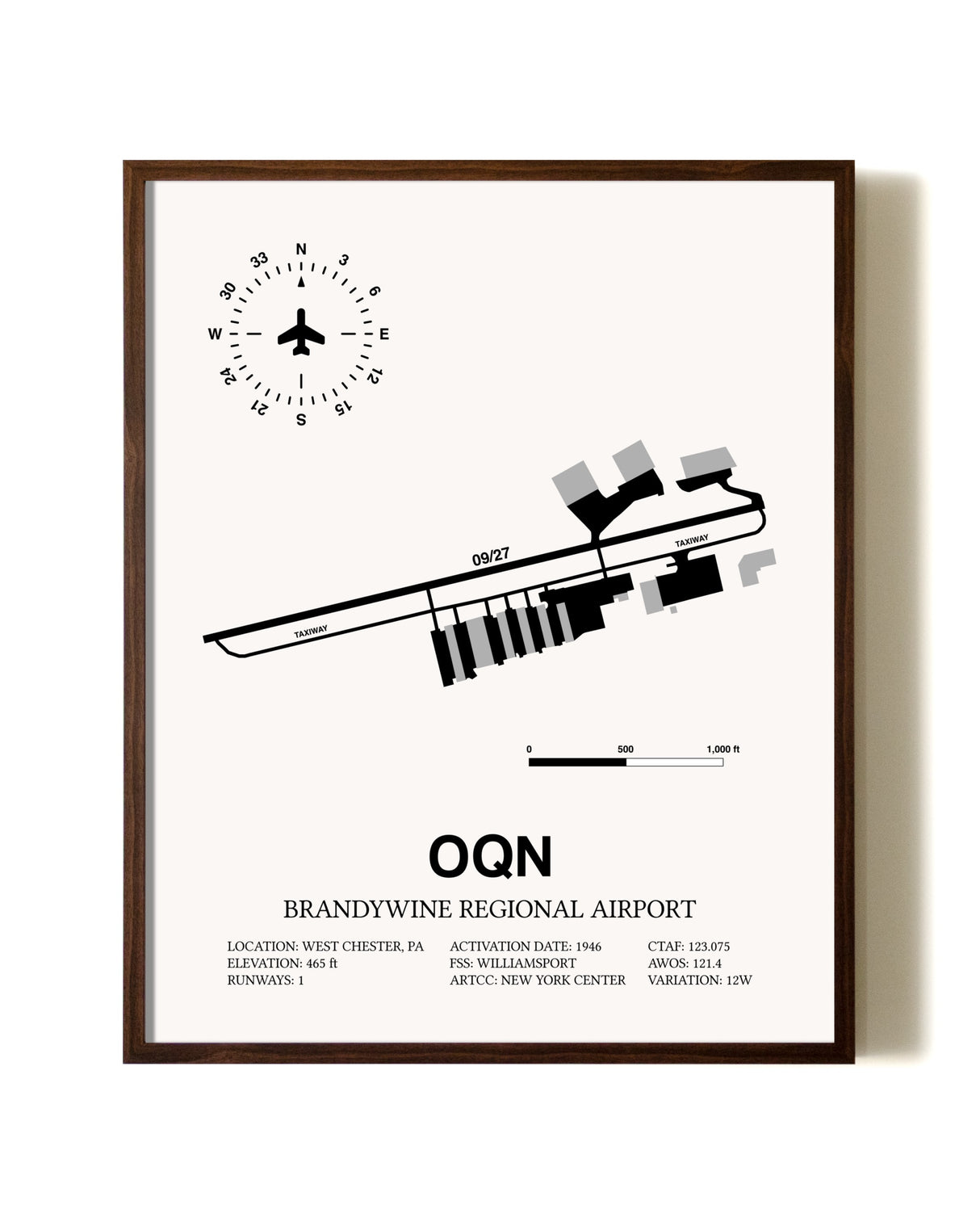Brandywine Regional Airport aviation print in walnut frame