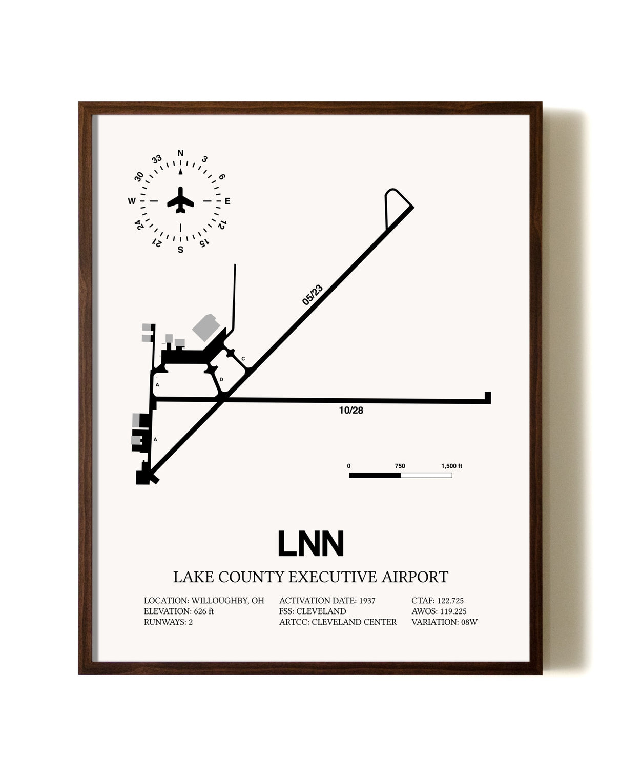 Lake County Executive Airport aviation print in walnut frame
