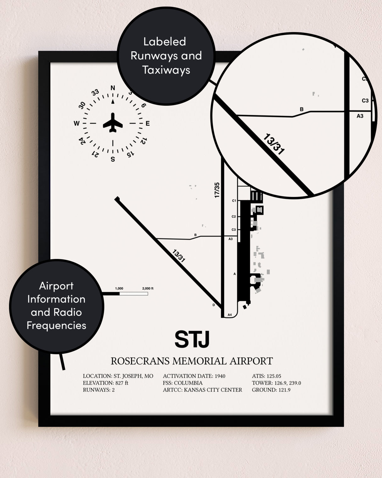 Framed Rosecrans Memorial Airport layout wall art poster