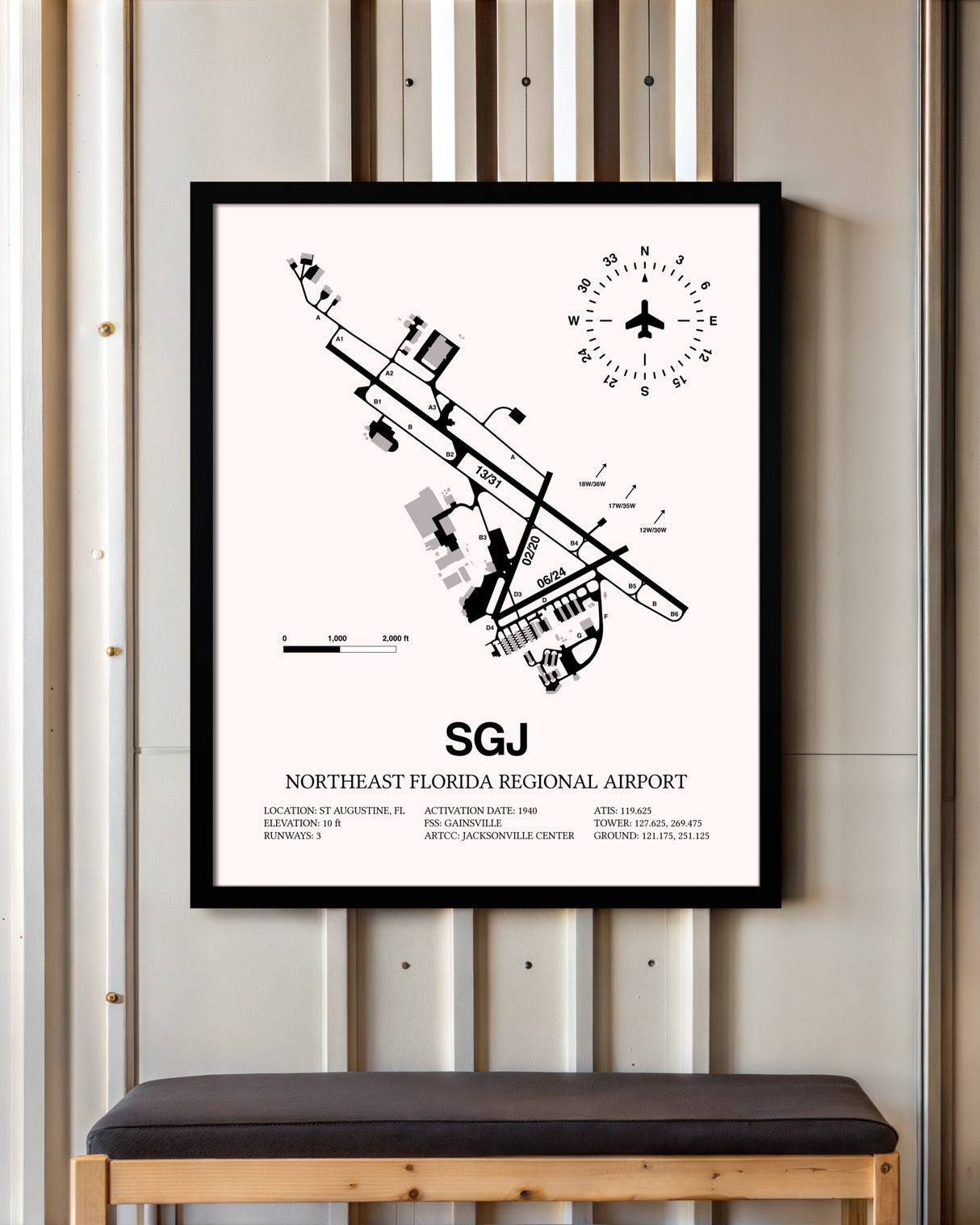 Northeast Florida Regional Airport framed poster displayed in an airplane hangar