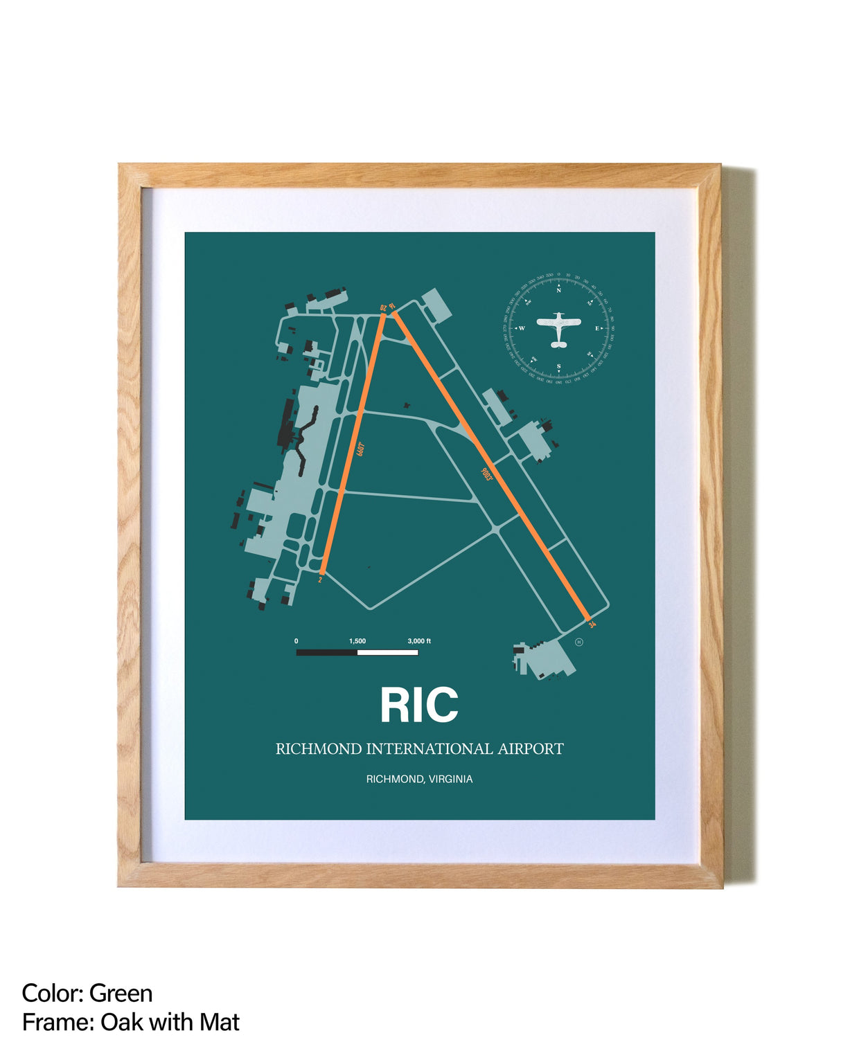 Richmond International Airport airport map poster in oak frame with mat