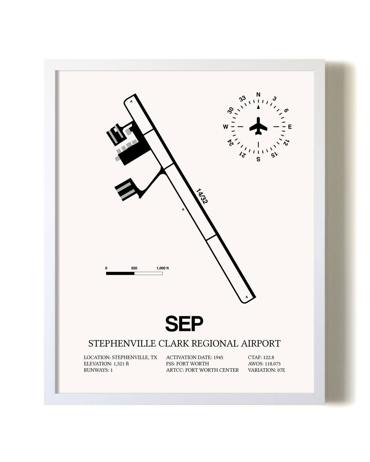 Stephenville Clark Regional Airport airport map poster in oak frame