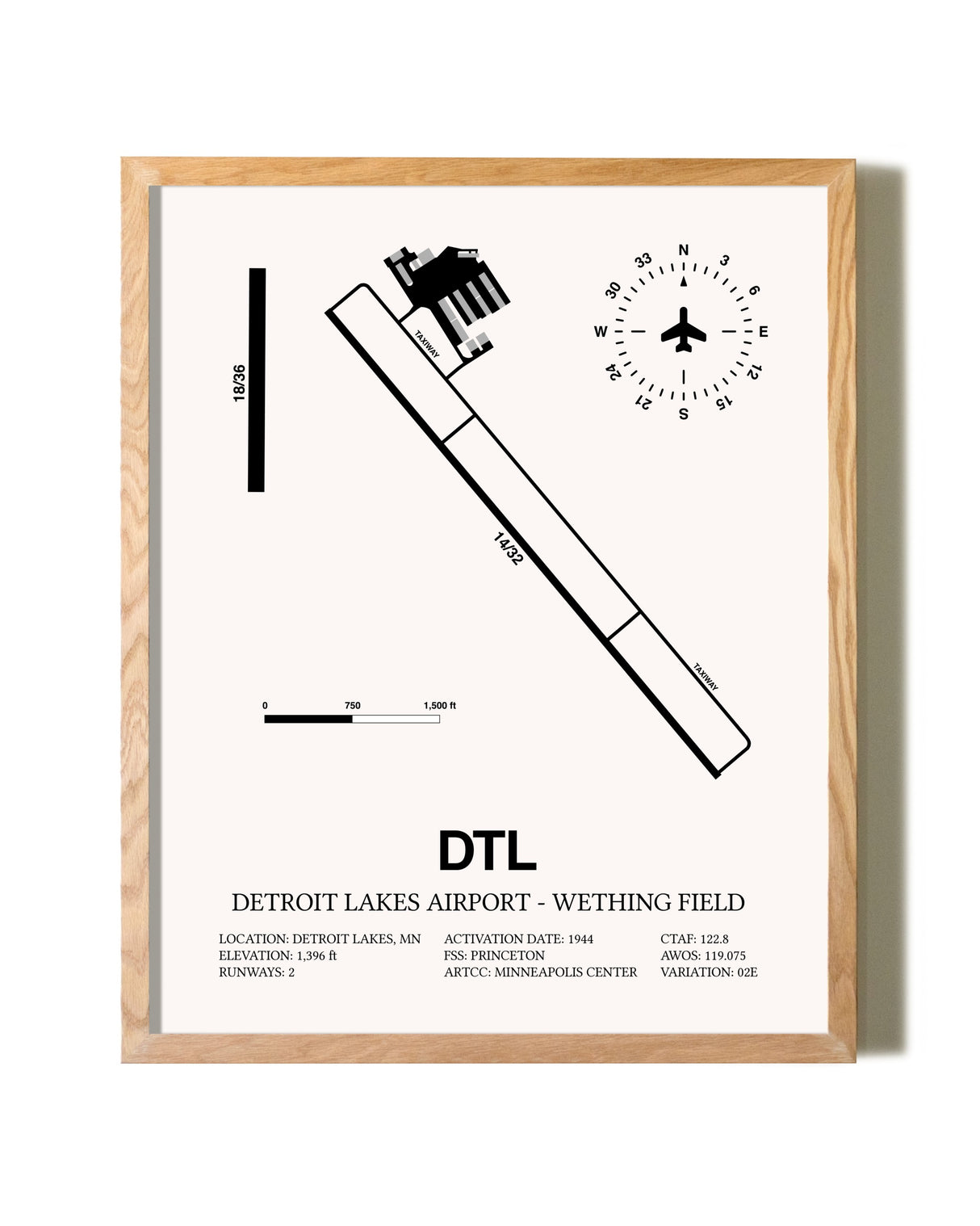 Detroit Lakes Airport-Wething Field framed print in natural wood frame