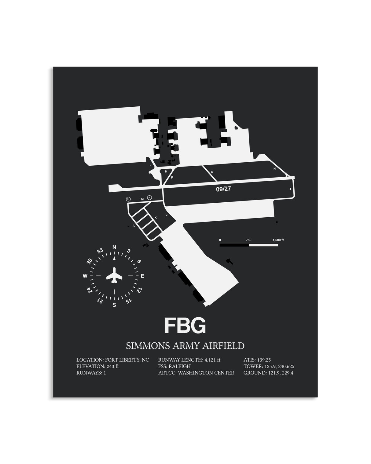 Gray Framed Simmons Army Airfield layout wall art poster