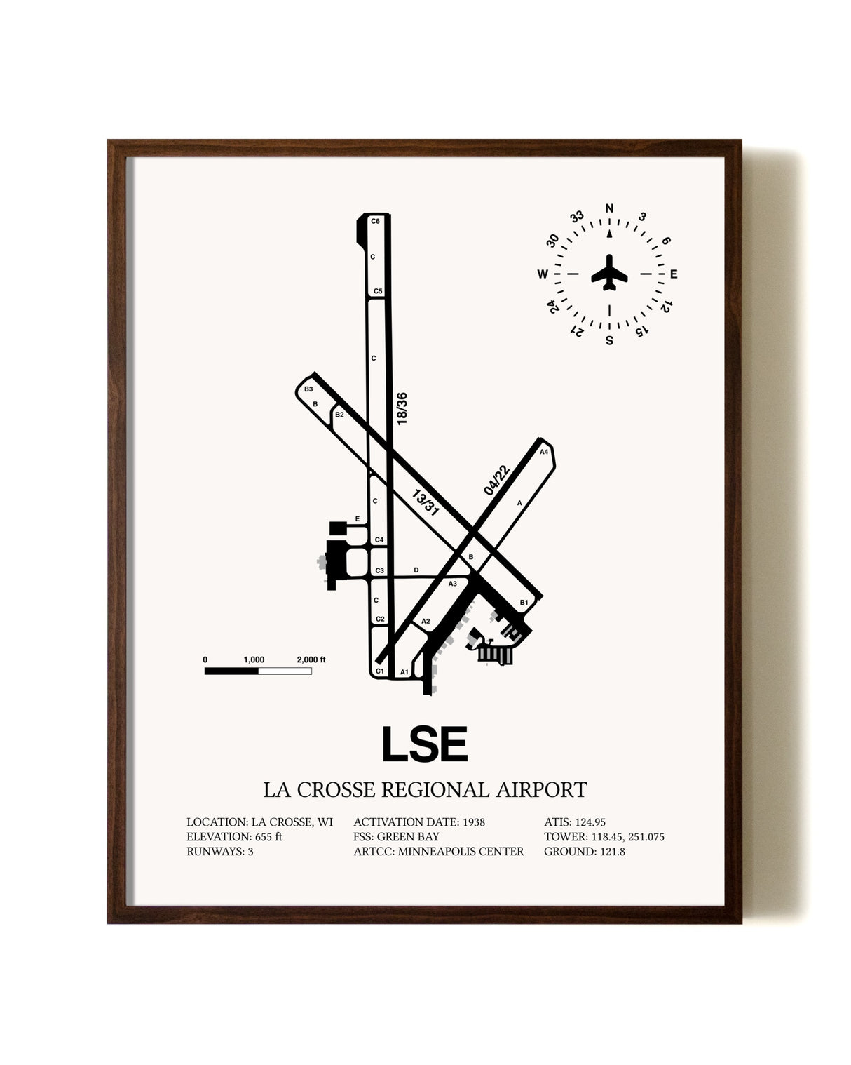 La Crosse Regional Airport aviation print in walnut frame