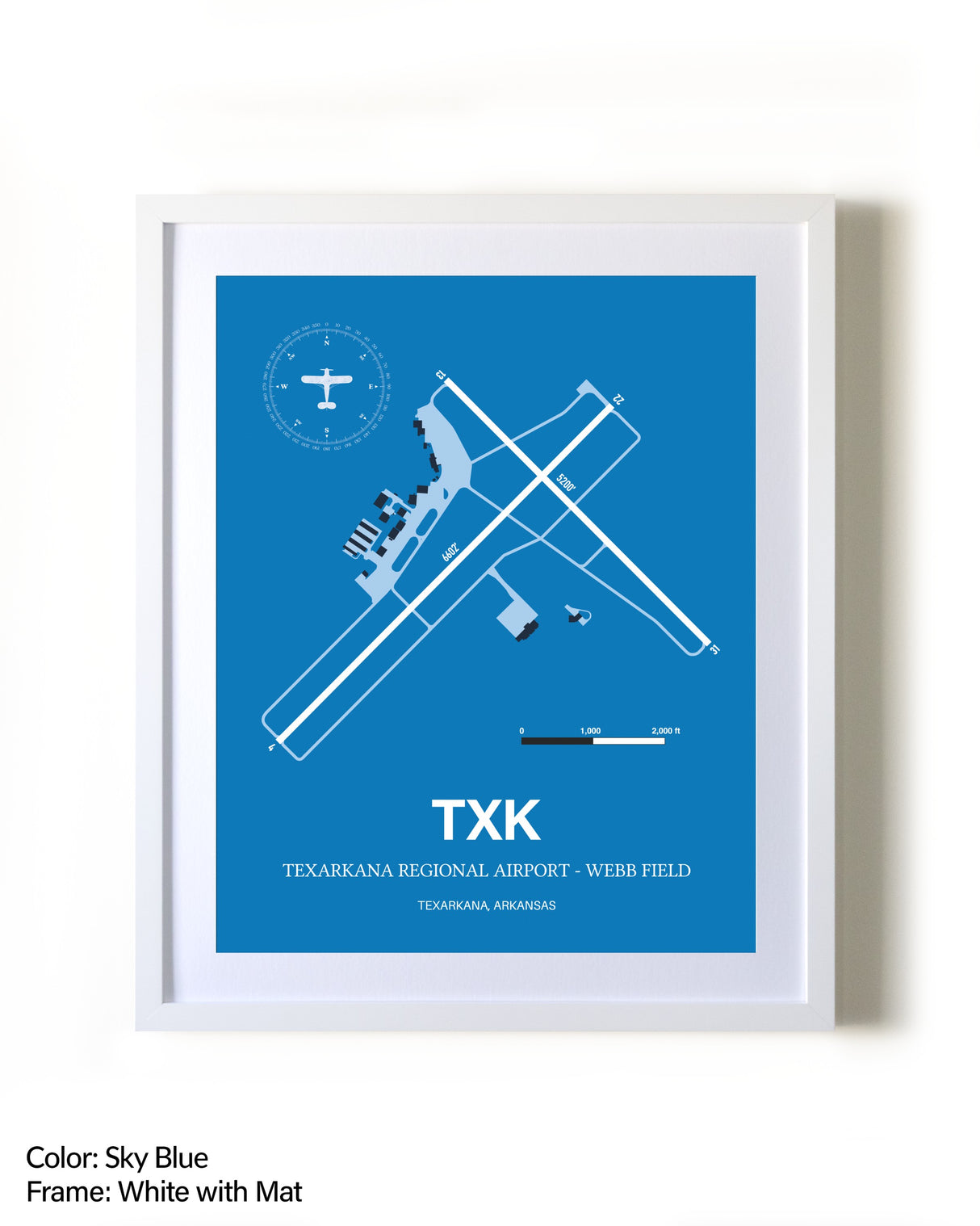Texarkana Regional Airport - Webb Field framed wall art in white frame with mat