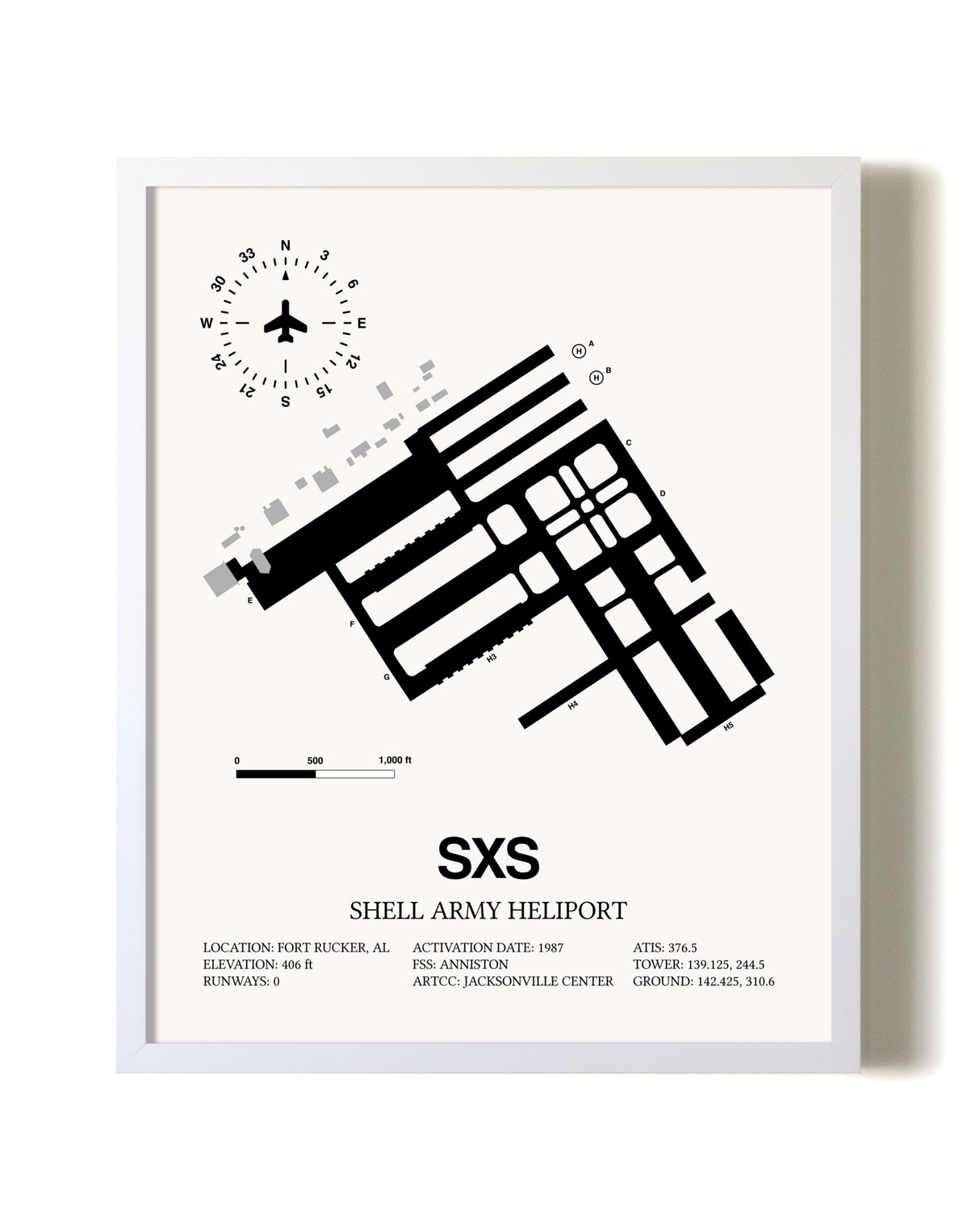 Shell Army Heliport airport map poster in oak frame