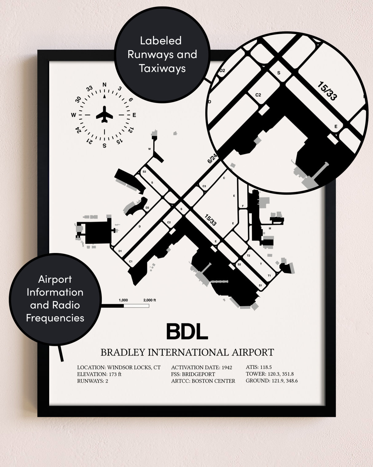 Framed Bradley International Airport layout wall art poster