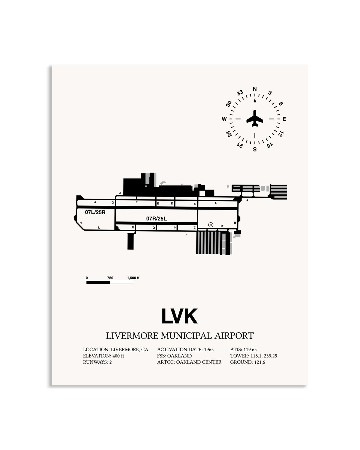 Gray Livermore Municipal Airport framed poster displayed in an airplane hangar