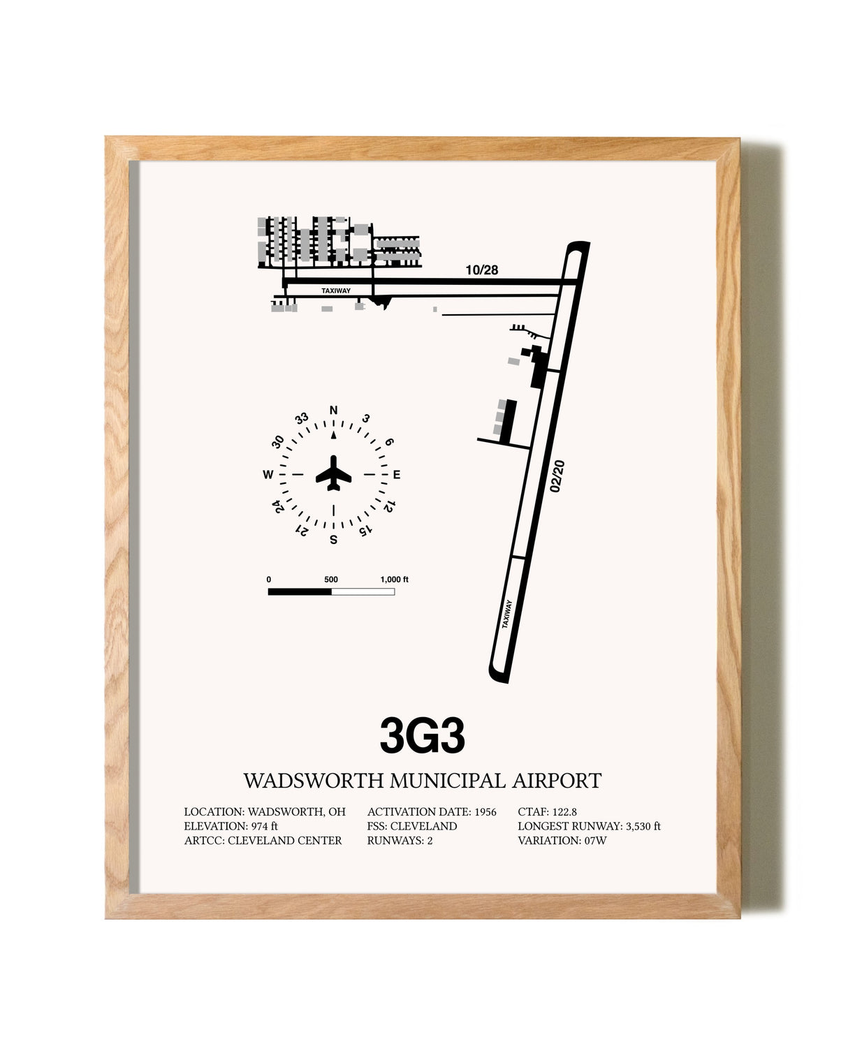 Wadsworth Municipal Airport framed print in natural wood frame