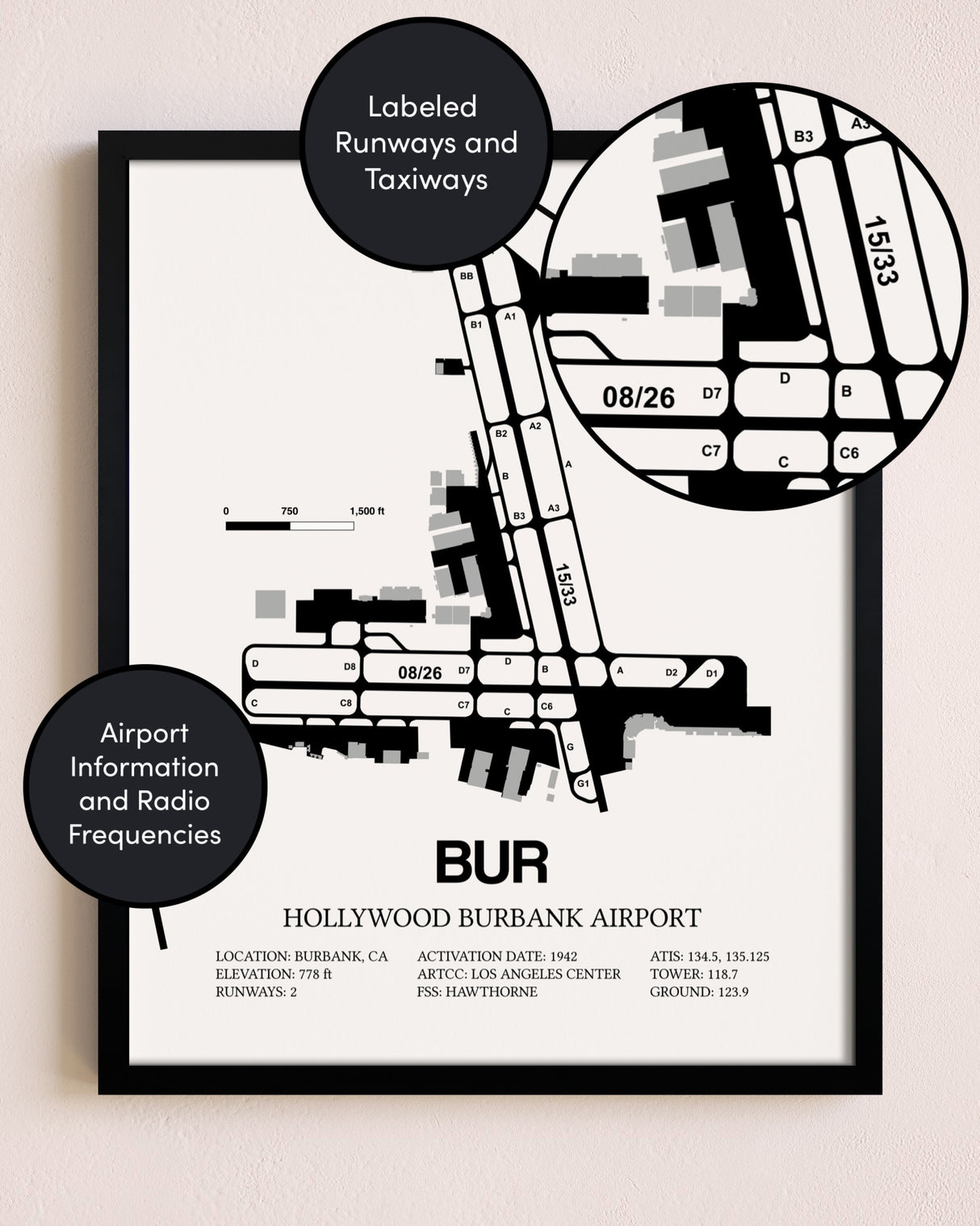 Framed Hollywood Burbank Airport layout wall art poster