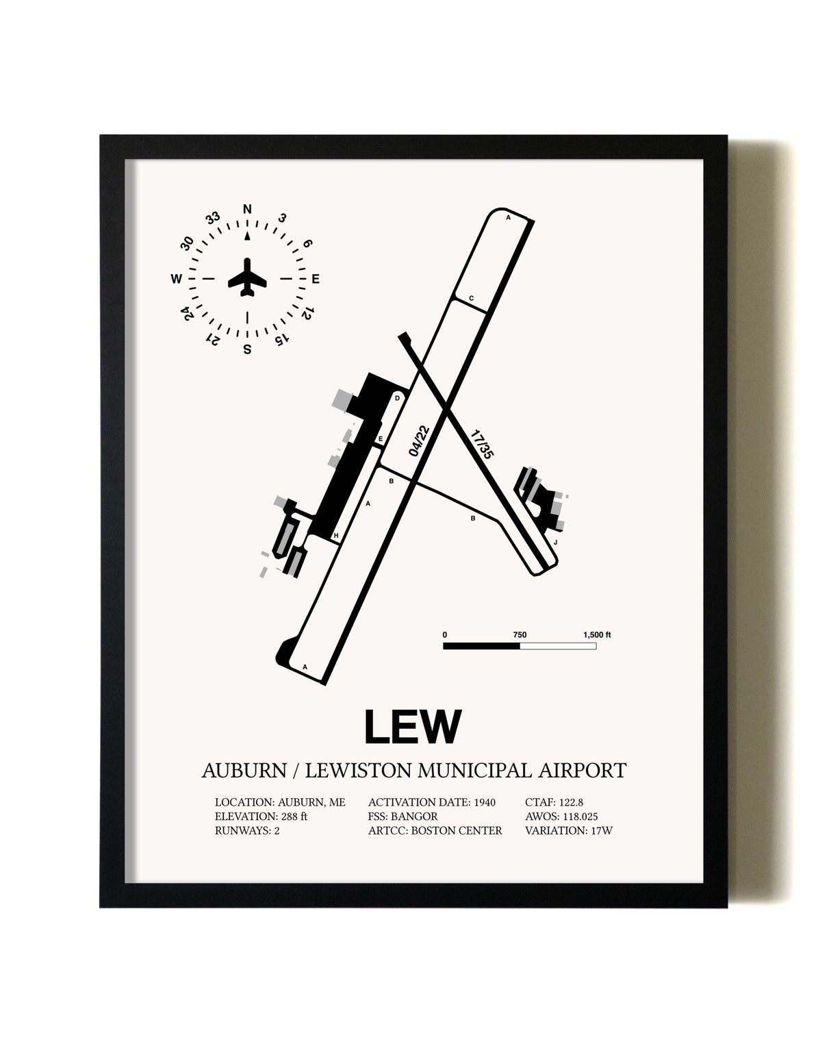 Framed Auburn / Lewiston Municipal Airport wall art poster in black frame