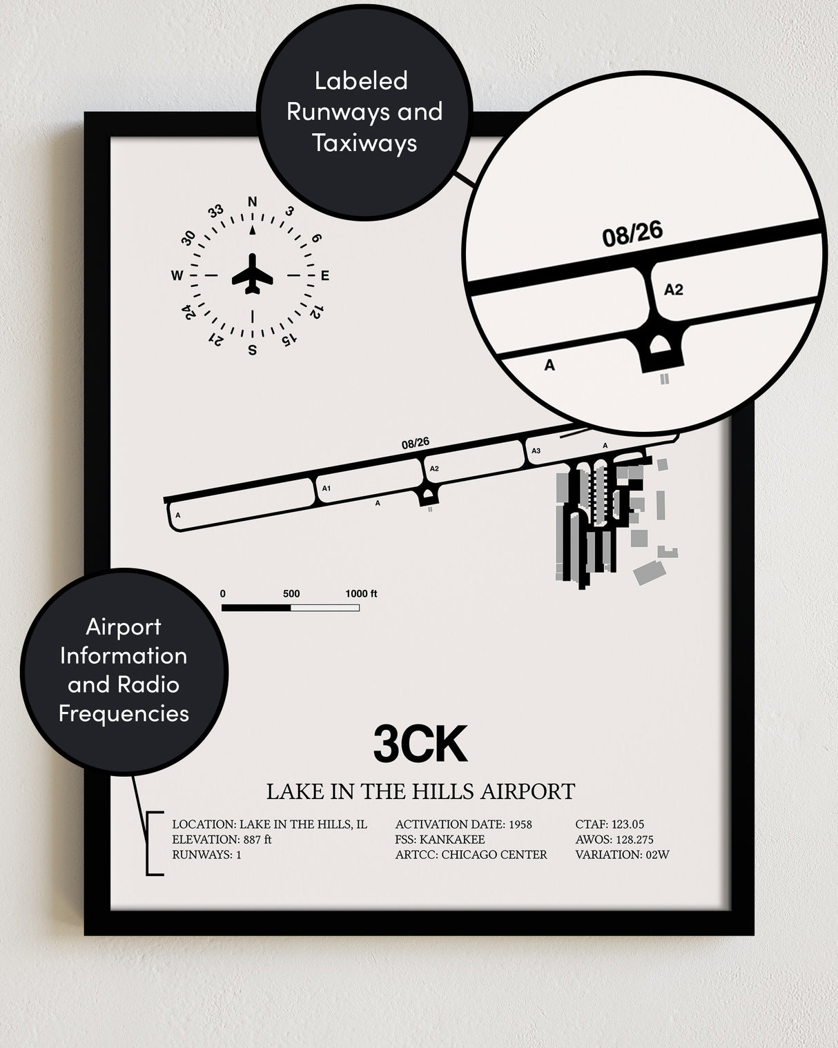 Framed Detailed Airport Map of Lake in the Hills Airport (3CK) in White with a Black Frame