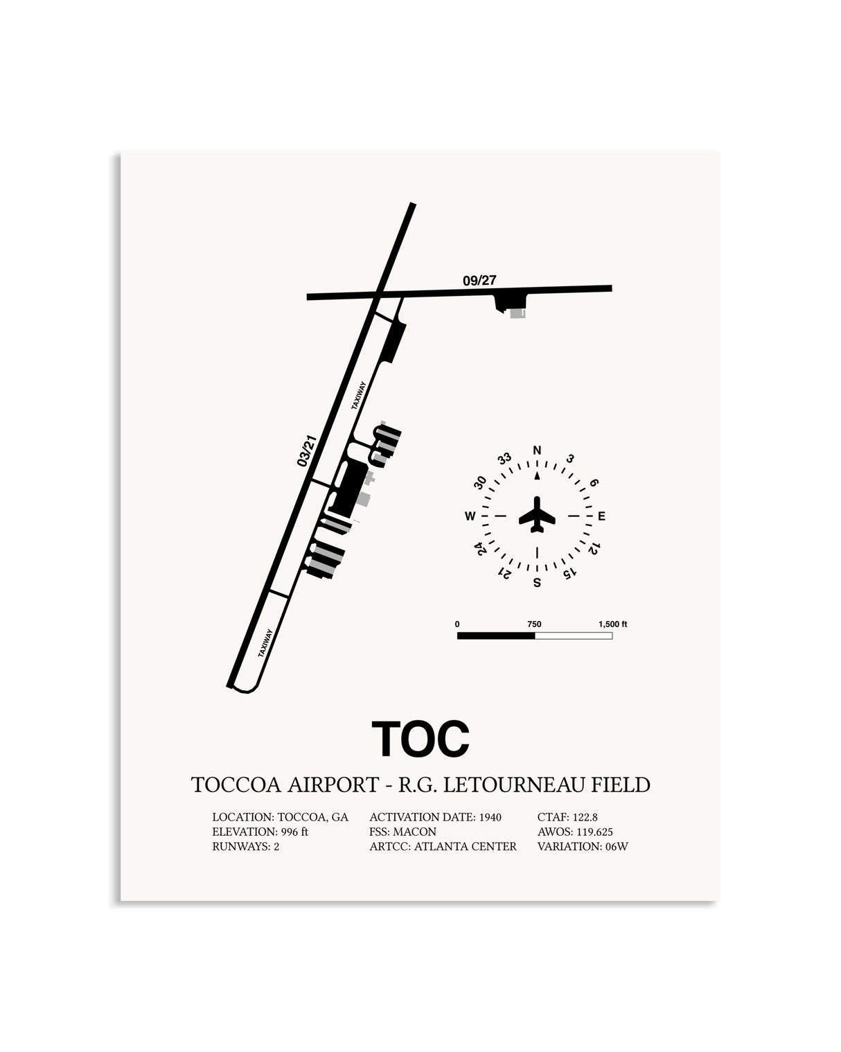 Gray Toccoa Airport - R.G. Letourneau Field framed poster displayed in an airplane hangar